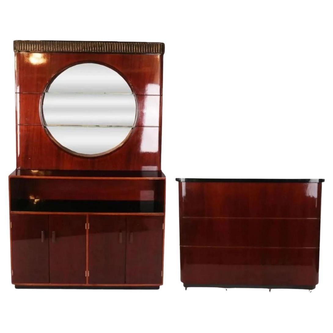 Art Deco Stil Mahagoni 3 Stück Kabinett mit Spiegel und schwimmende Bar