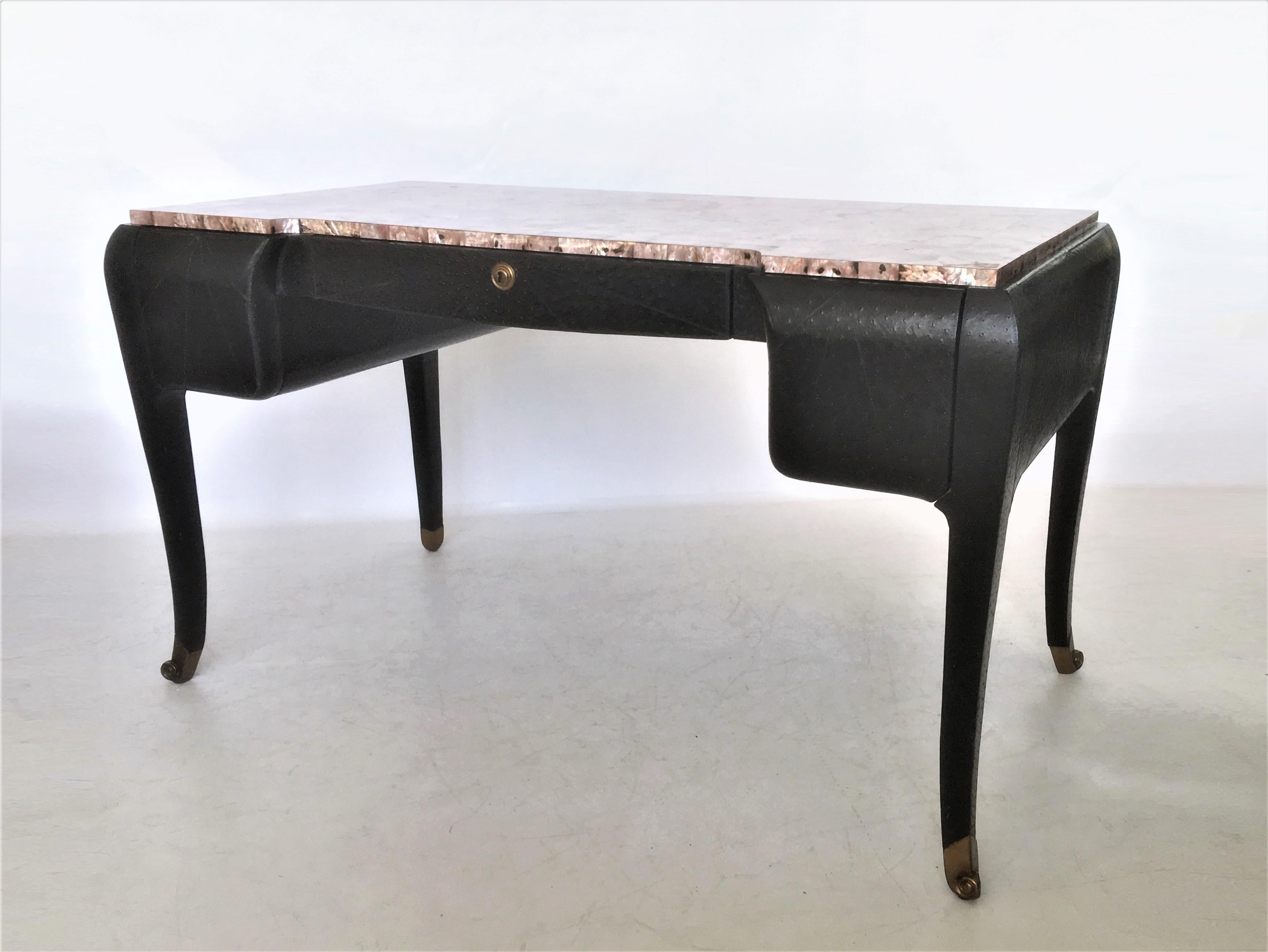 Embossed Art Deco Style Maitland-Smith Faux Ostrich Leather Writing Desk For Sale