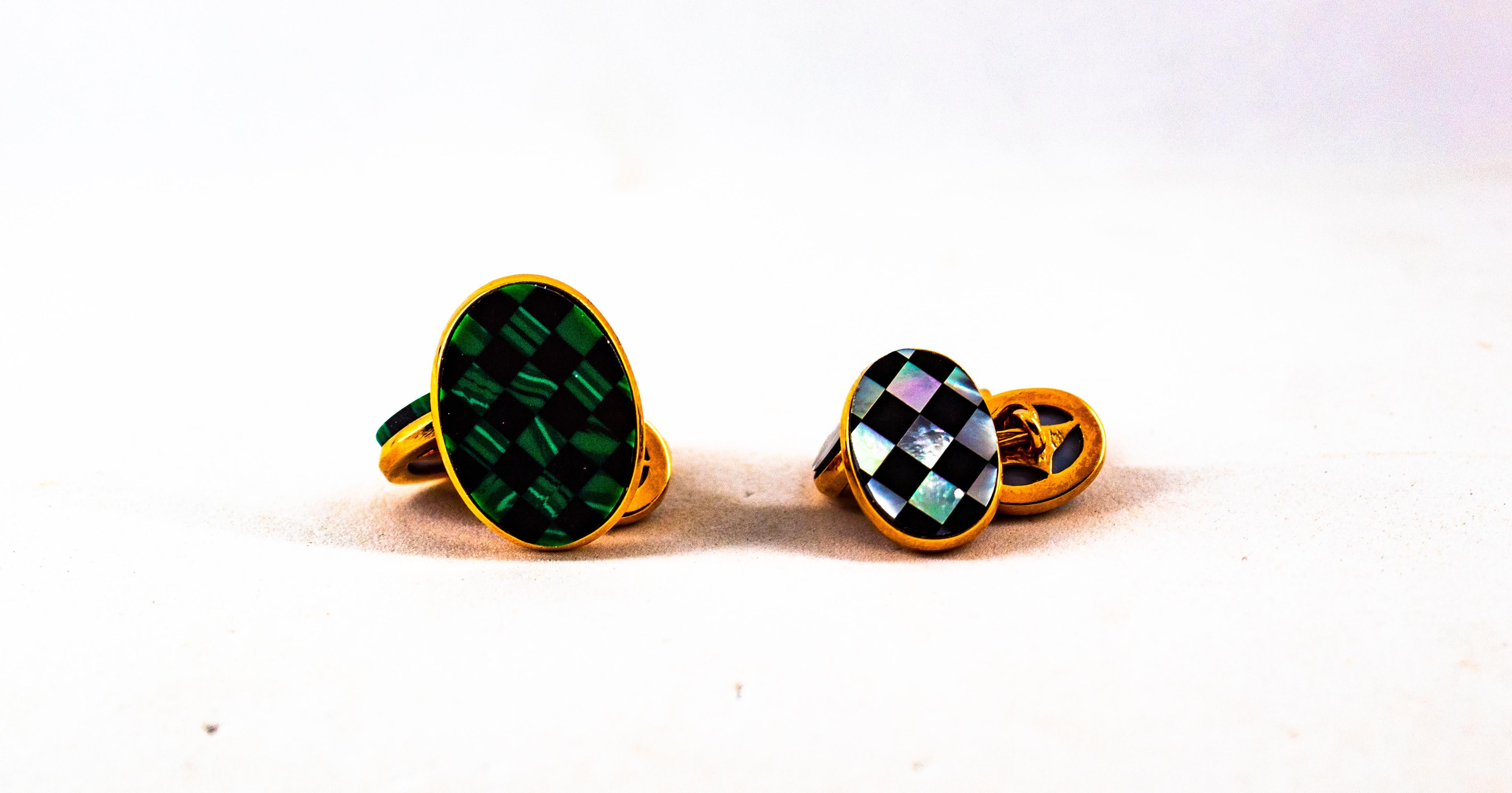 Art Deco Style Malachite Yellow Gold Handcrafted Cufflinks For Sale 5