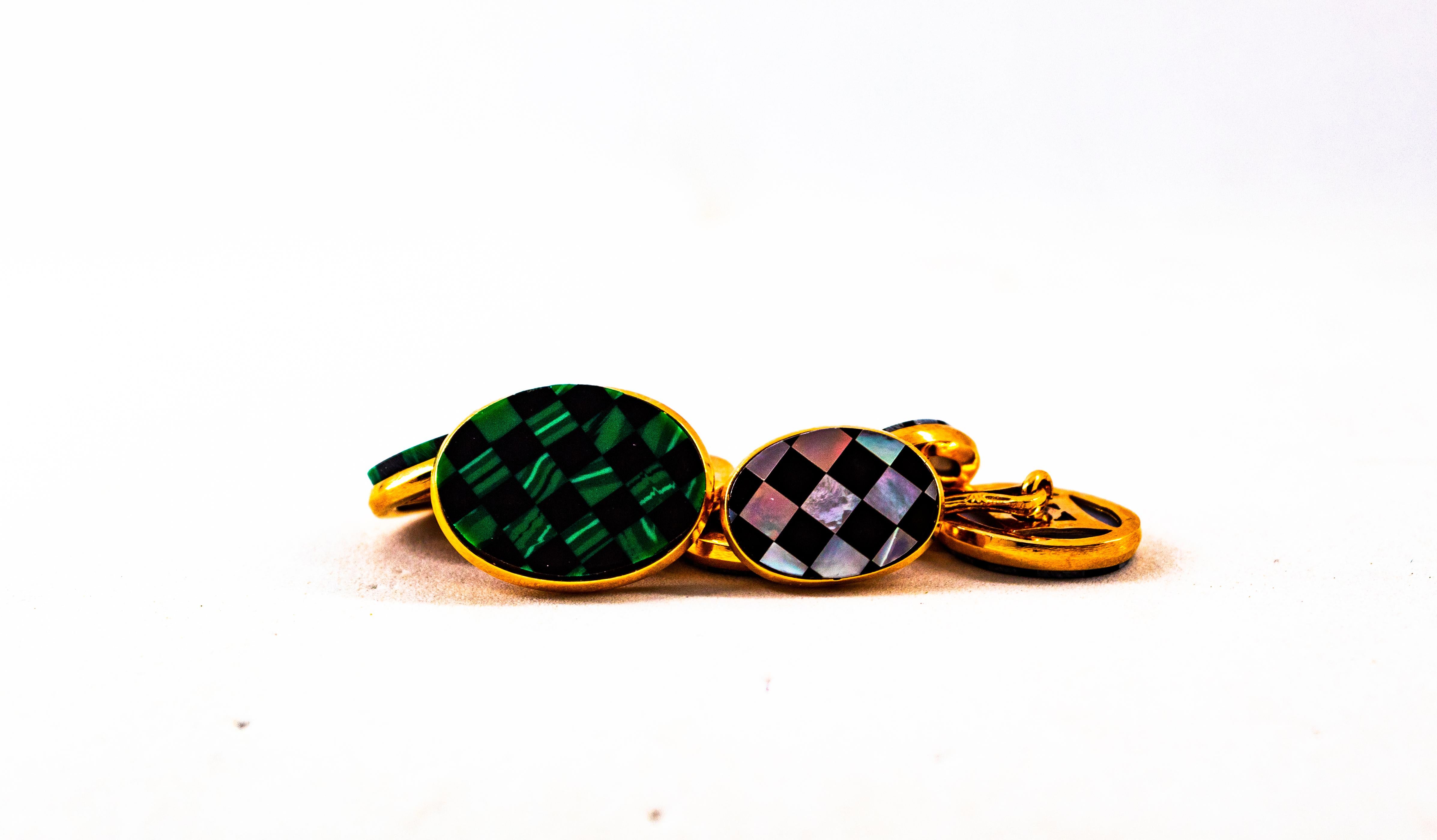 Art Deco Style Malachite Yellow Gold Handcrafted Cufflinks For Sale 6