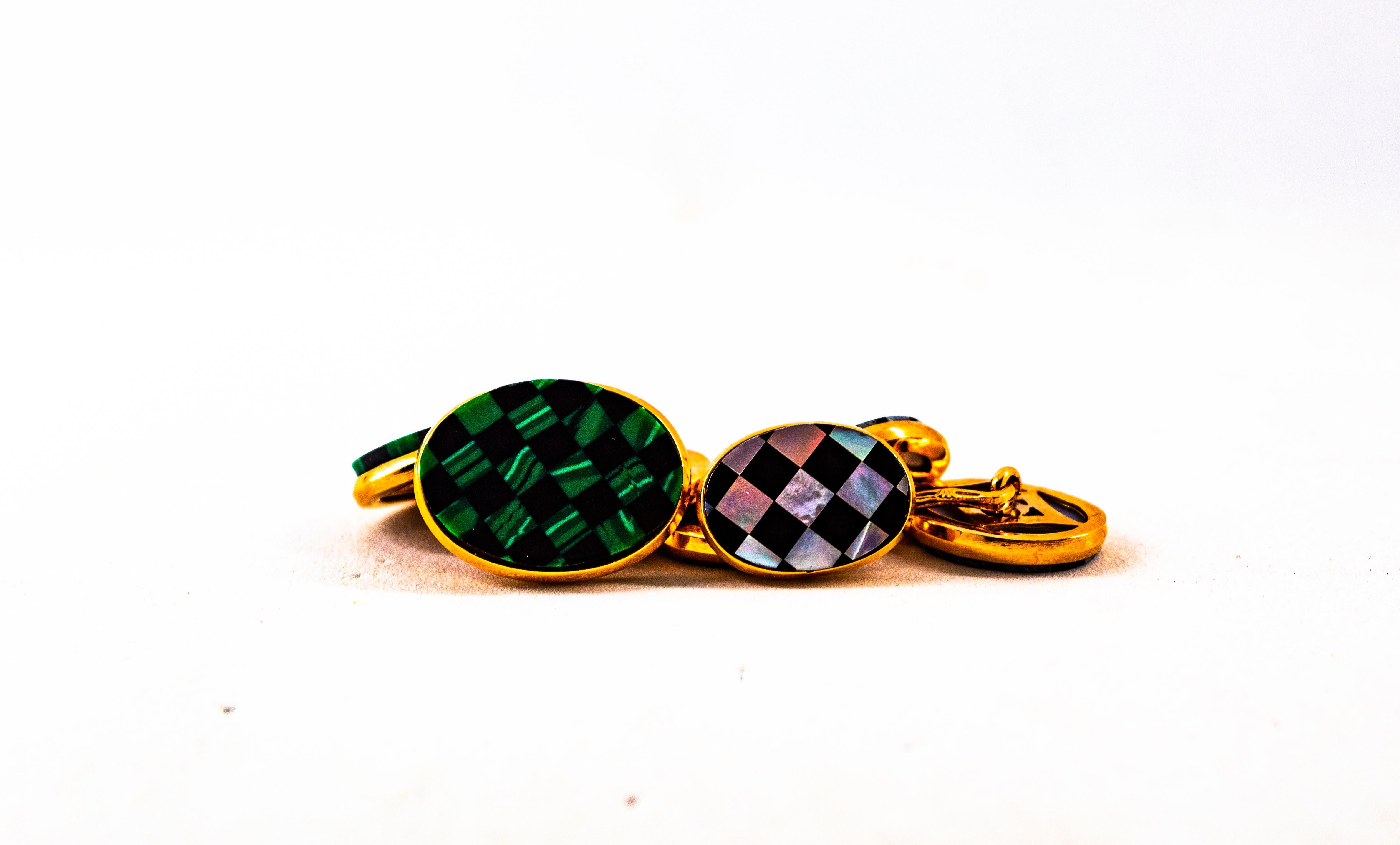 Art Deco Style Malachite Yellow Gold Handcrafted Cufflinks For Sale 7