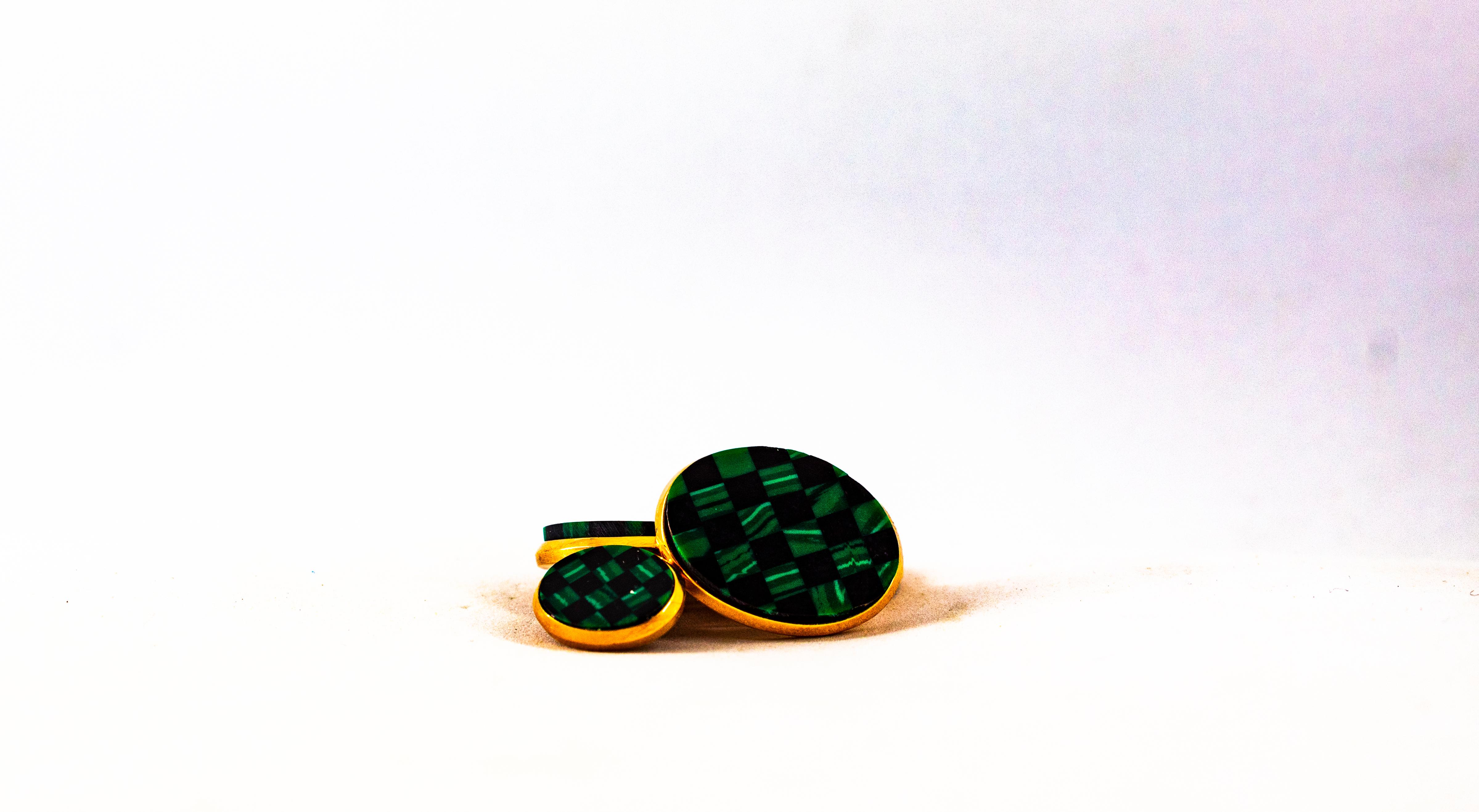 Mixed Cut Art Deco Style Malachite Yellow Gold Handcrafted Cufflinks For Sale