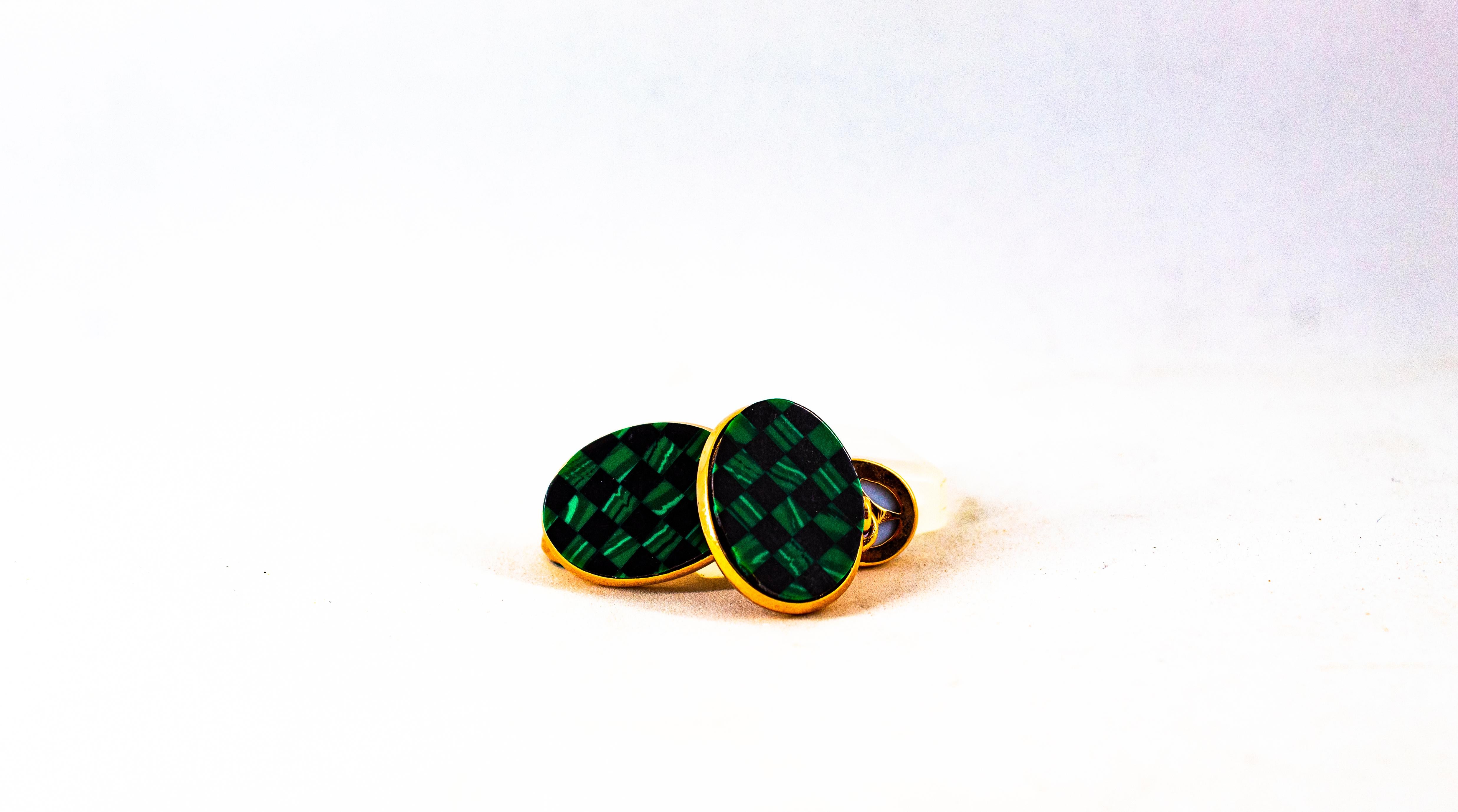 Women's or Men's Art Deco Style Malachite Yellow Gold Handcrafted Cufflinks For Sale