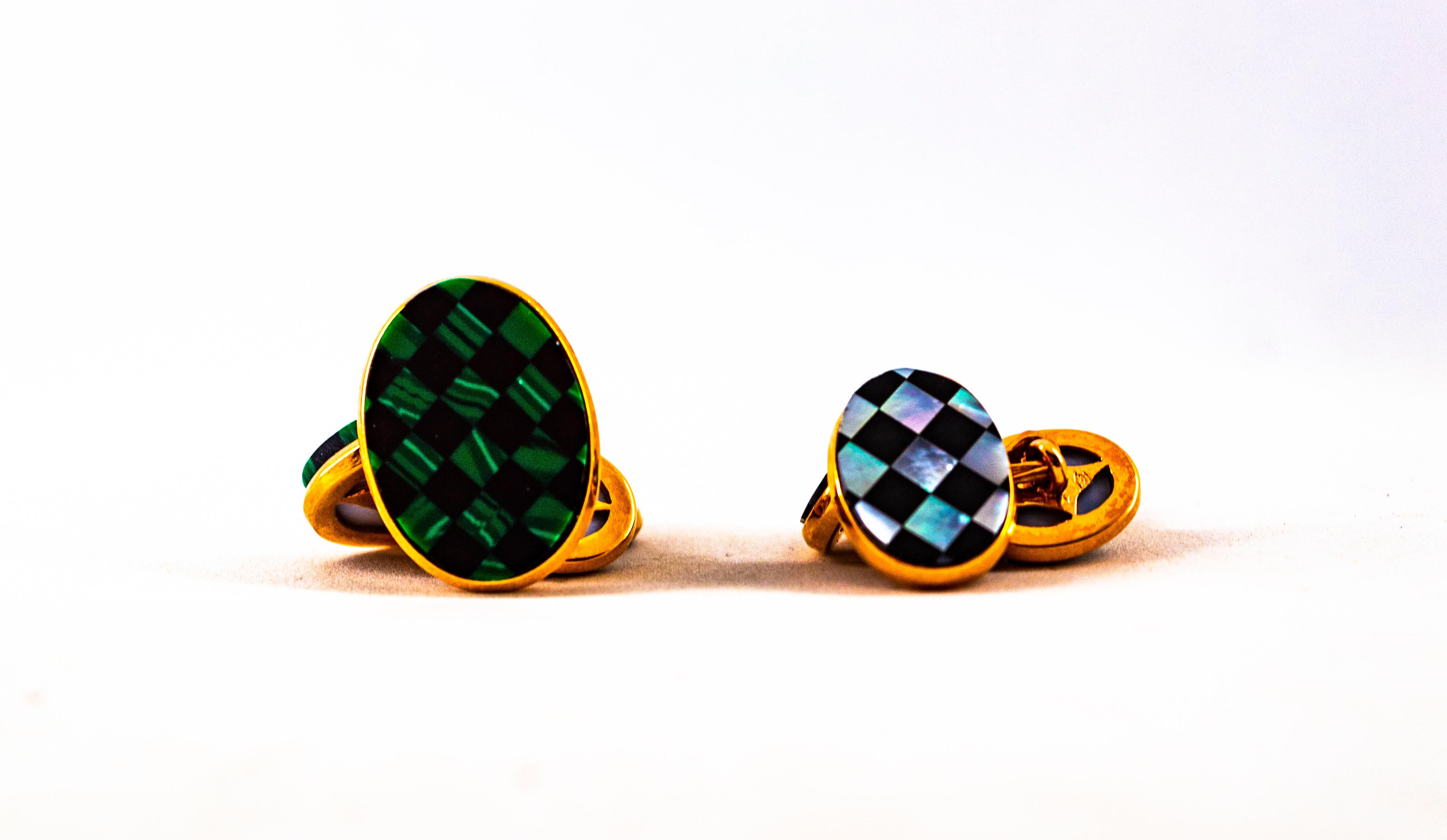 Art Deco Style Malachite Yellow Gold Handcrafted Cufflinks For Sale 4