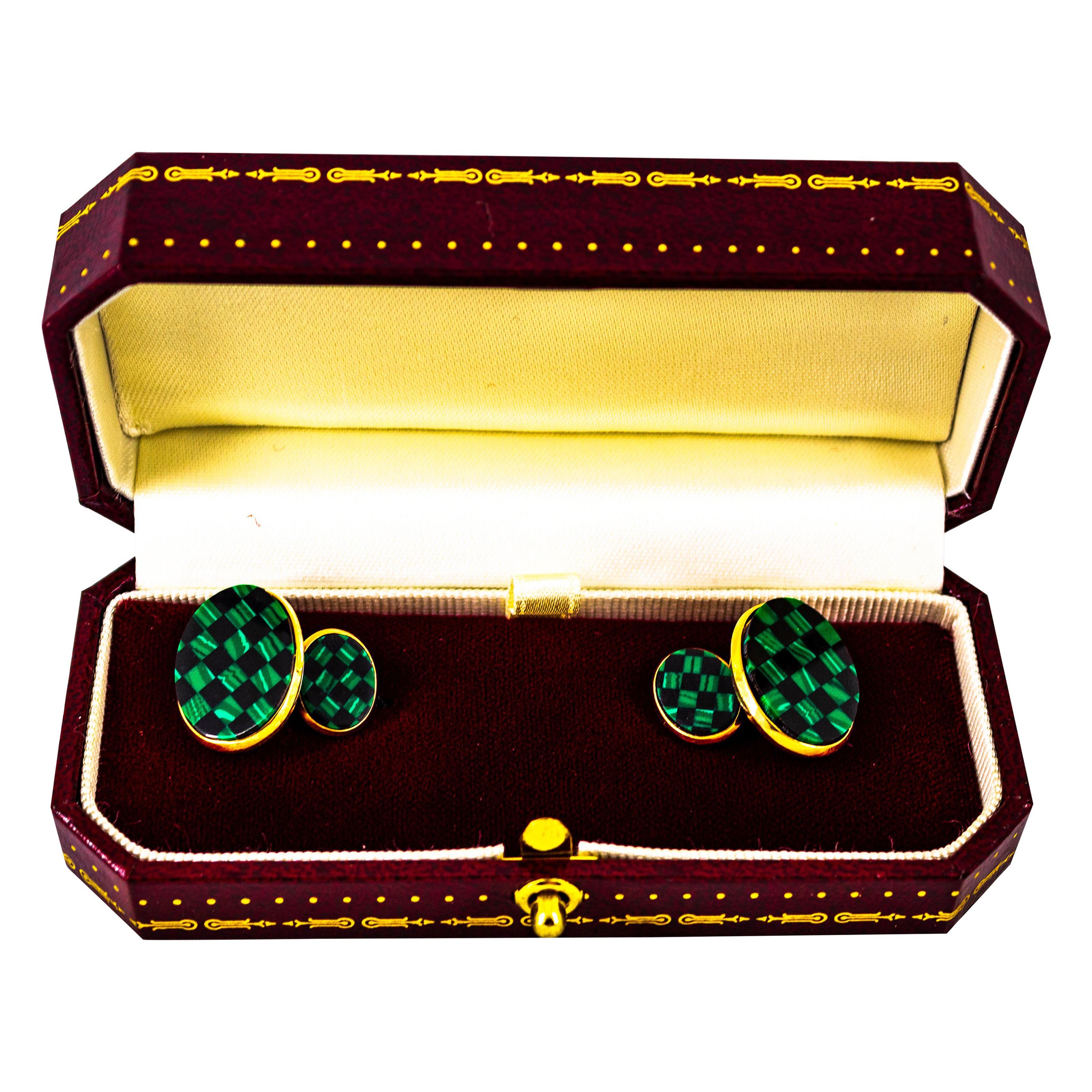 Art Deco Style Malachite Yellow Gold Handcrafted Cufflinks For Sale