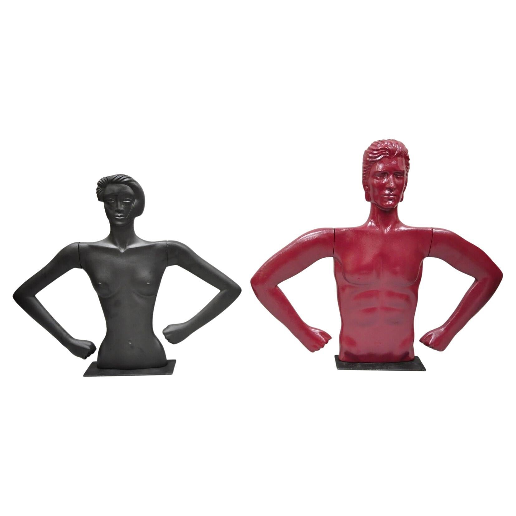 Art Deco Style Male and Female Couple Red Black Torso Art Mannequin on Stand For Sale