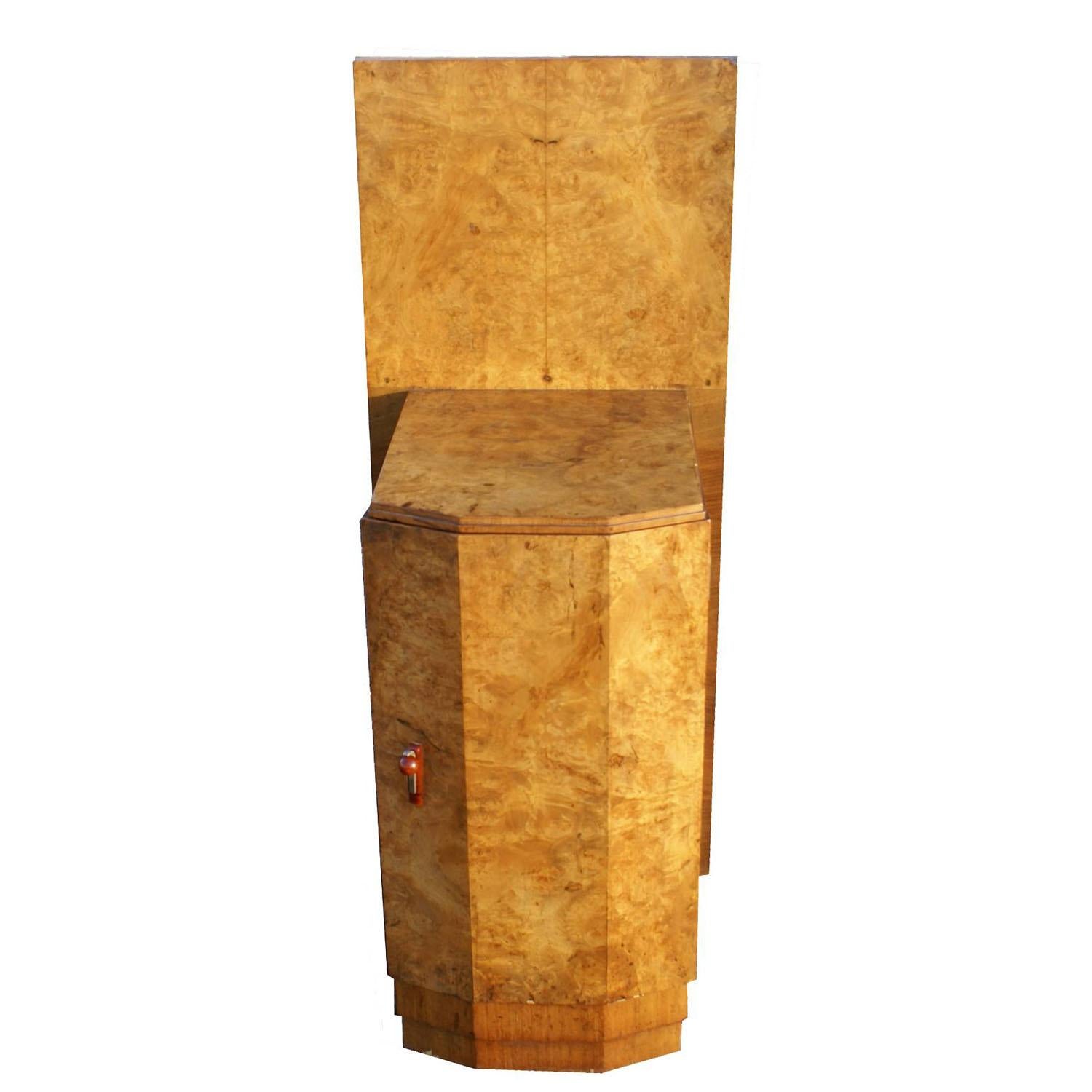 Art Deco style maple burl night stand cabinet
 
Cabinet opens to 1 drawer and shelving

Wood and Nichol Pulls

Measures: 17.75? Width x 18? Depth x 44? Height.