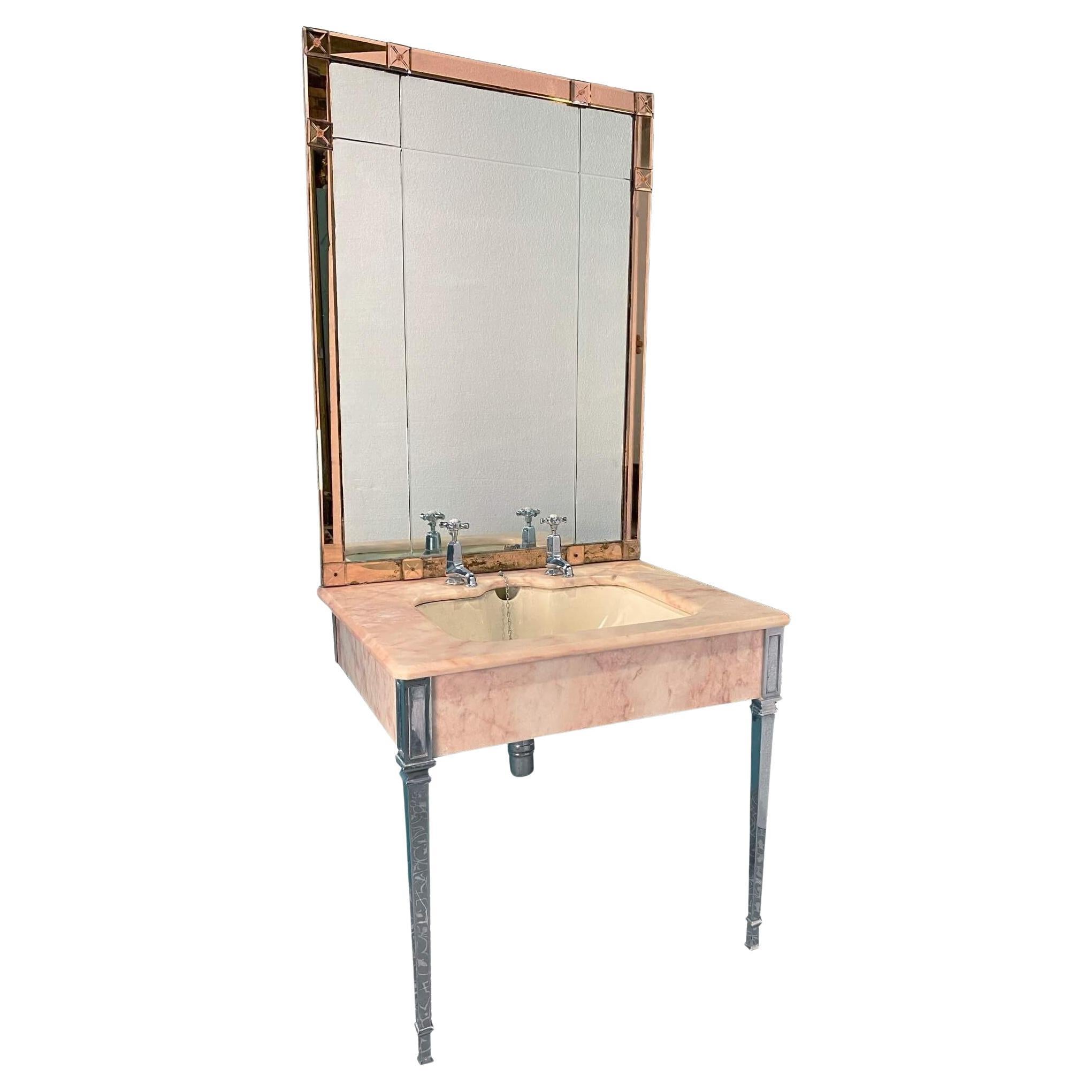 Art Deco Style Marble Bathroom Washbasin with Mirror For Sale