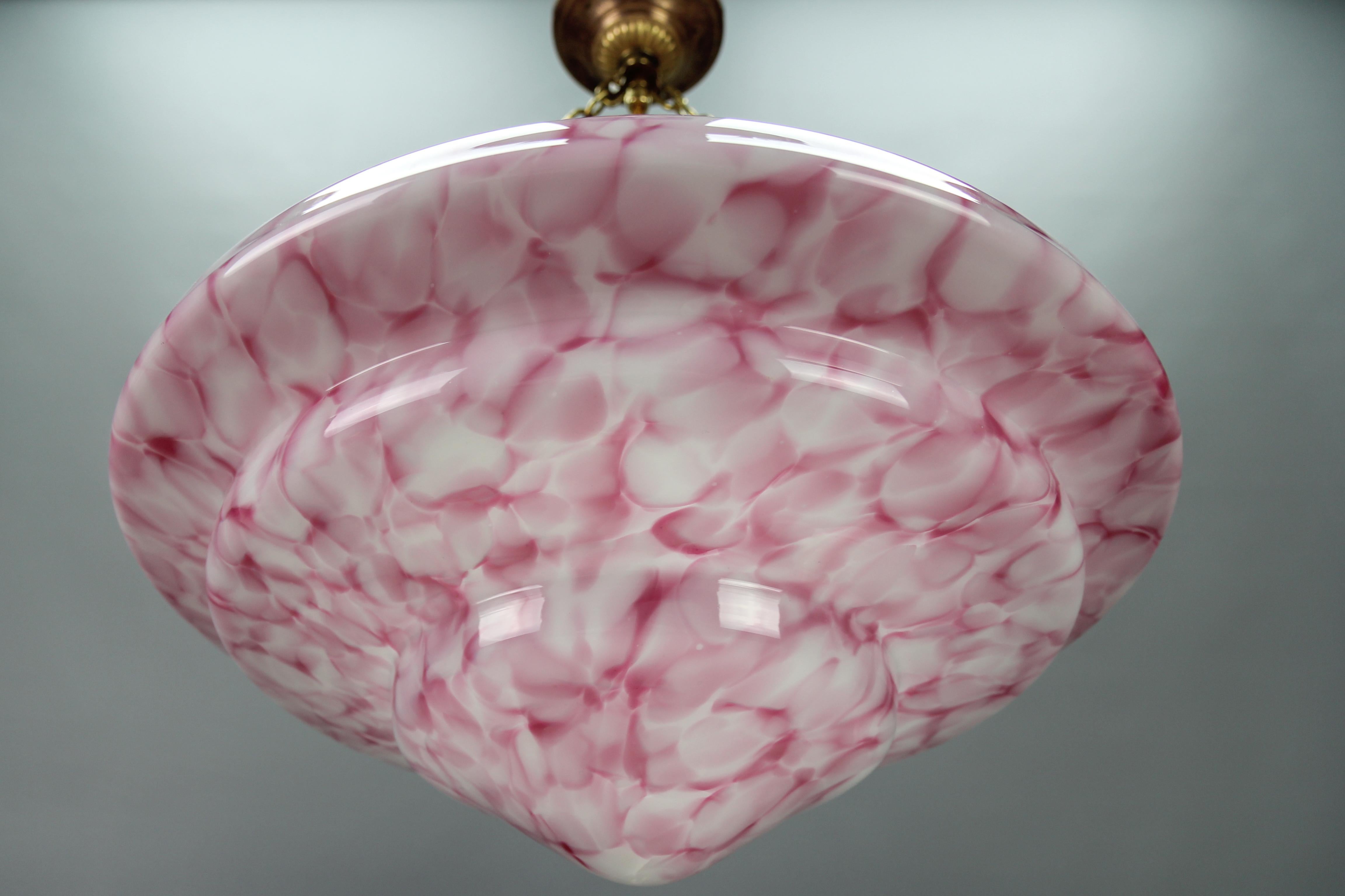 Art Deco Style Marbled Layered Pink and White Glass and Brass Pendant Light 4