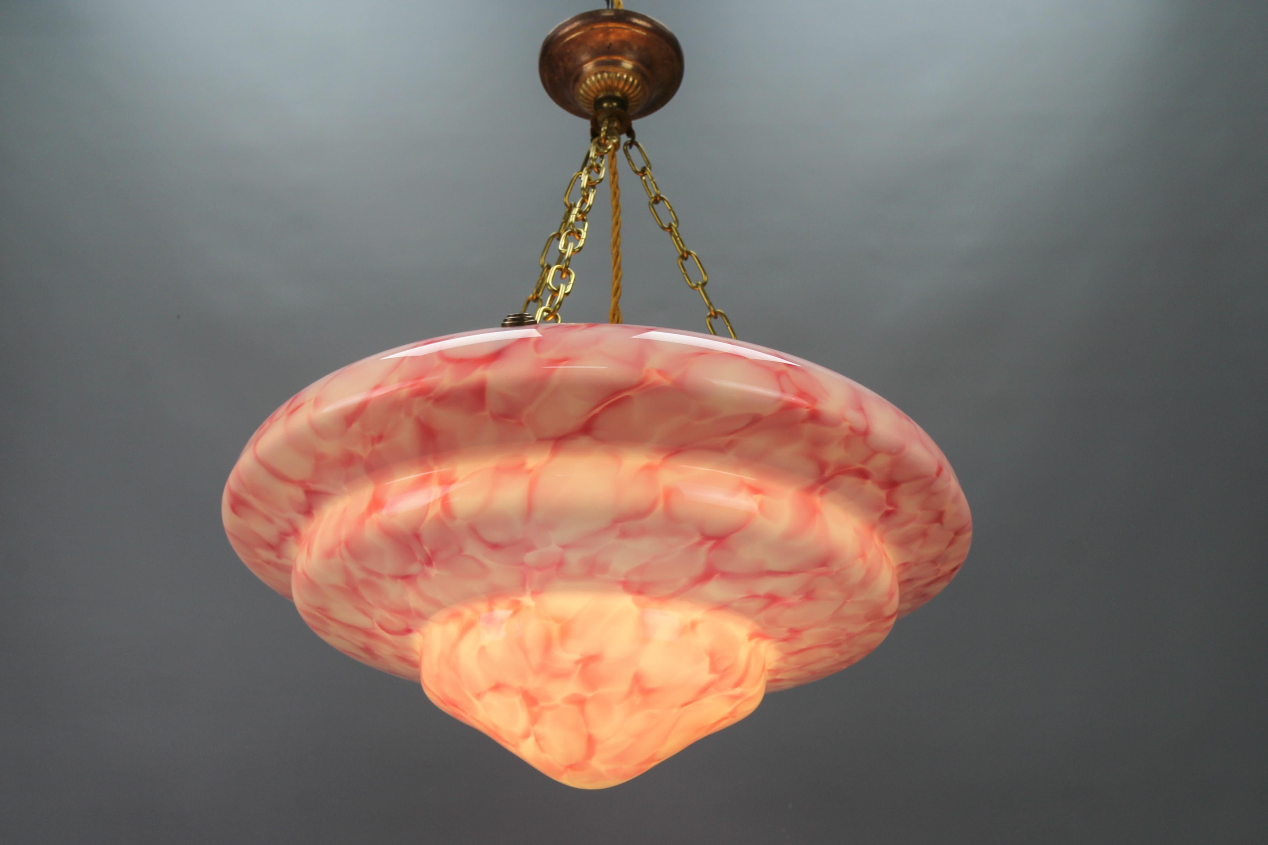 Art Deco Style Marbled Layered Pink and White Glass and Brass Pendant Light 5
