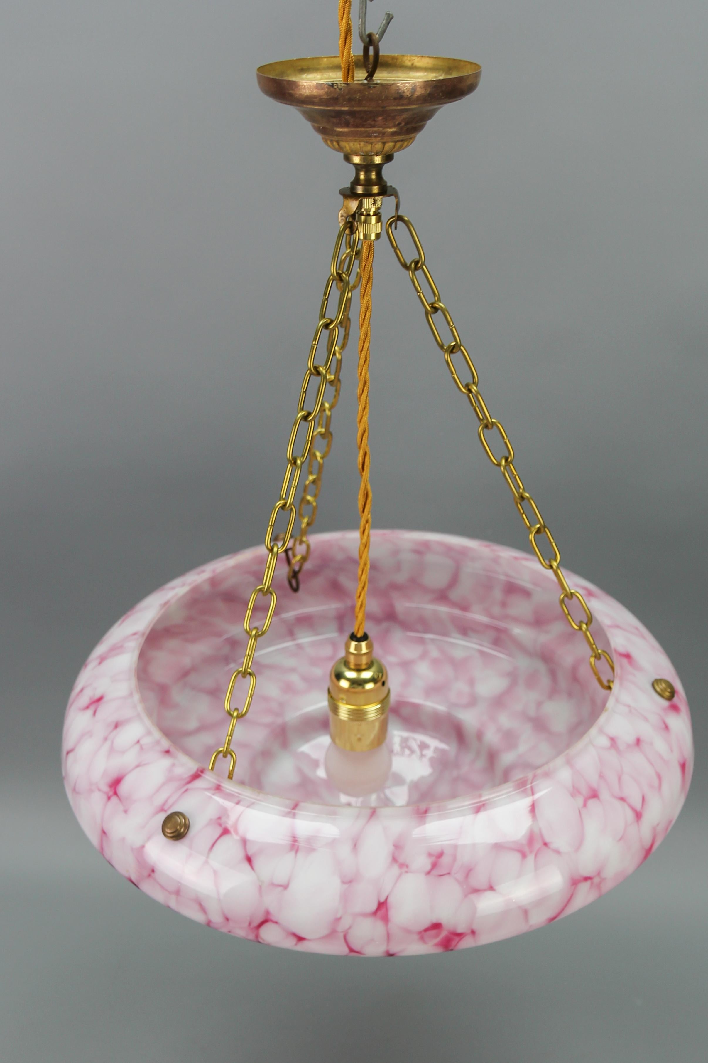 Art Deco Style Marbled Layered Pink and White Glass and Brass Pendant Light 8