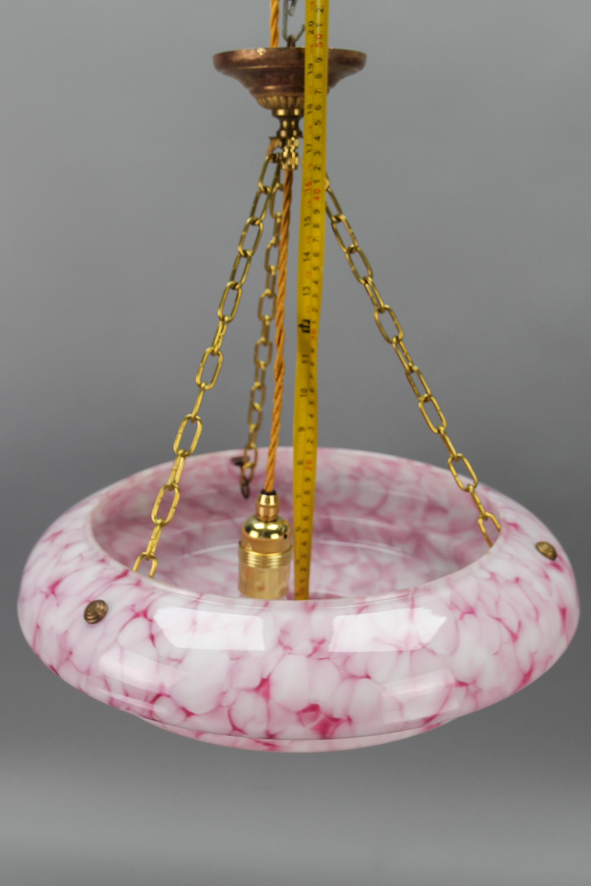 Art Deco Style Marbled Layered Pink and White Glass and Brass Pendant Light 9