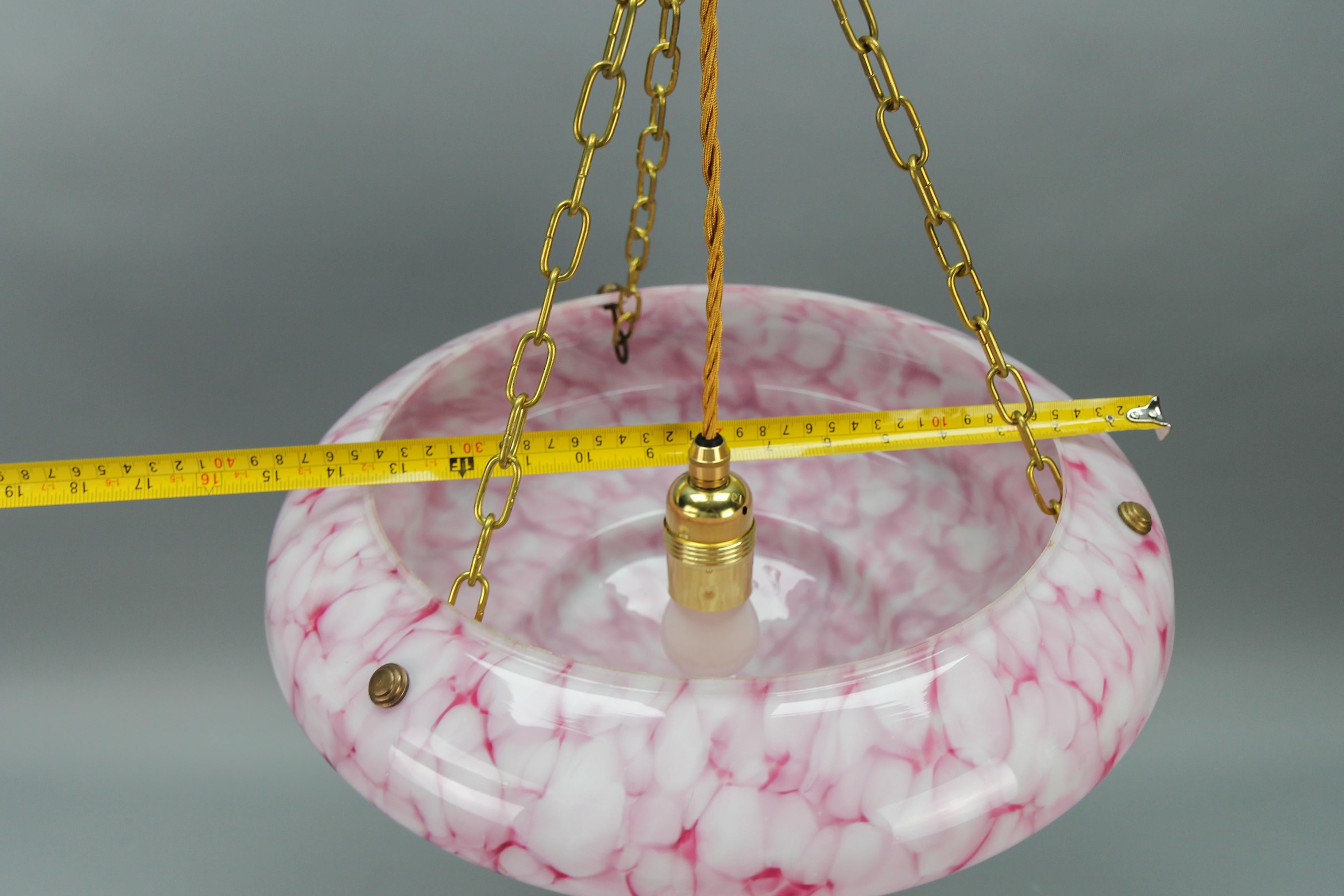 Art Deco Style Marbled Layered Pink and White Glass and Brass Pendant Light 10