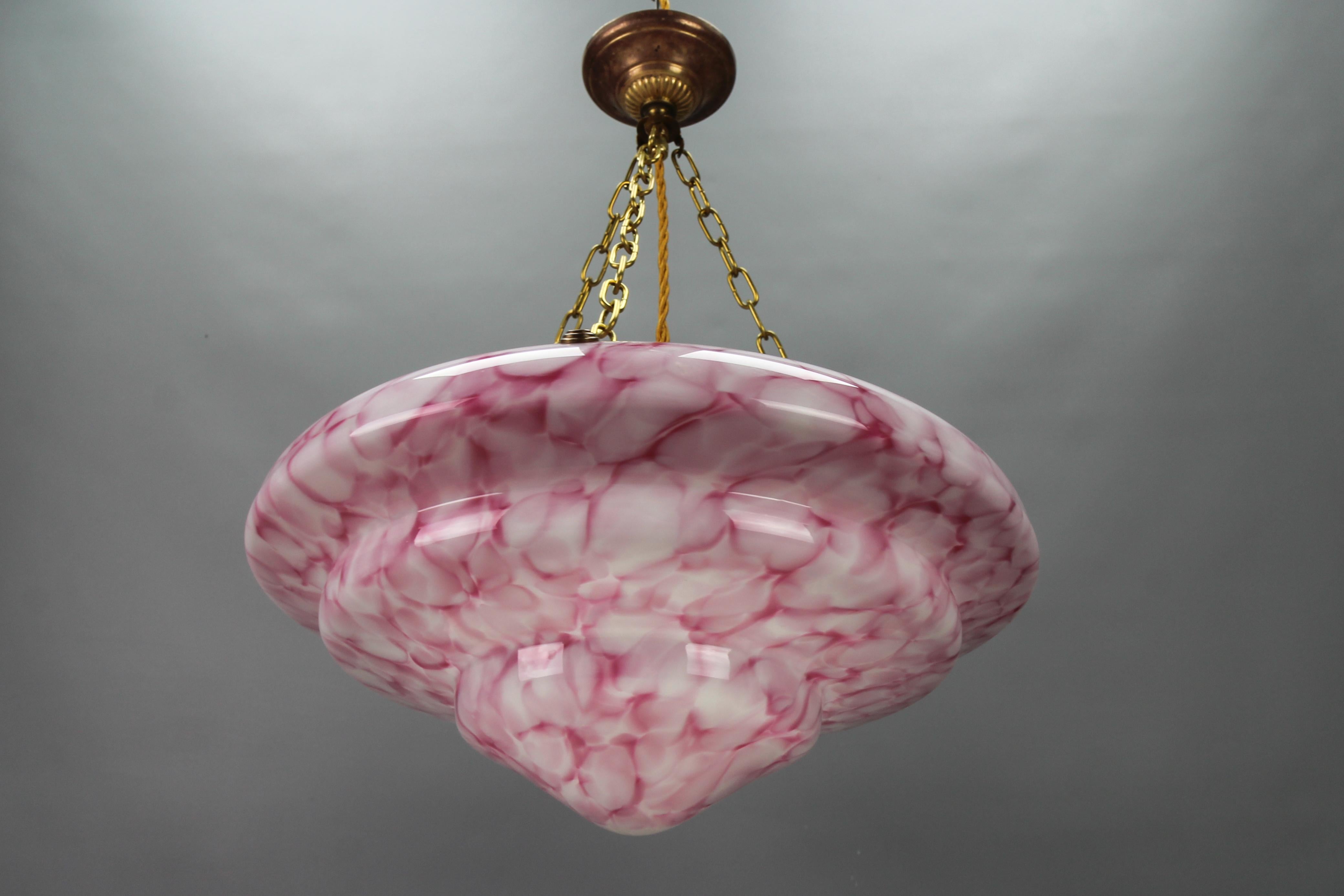 German Art Deco Style Marbled Layered Pink and White Glass and Brass Pendant Light