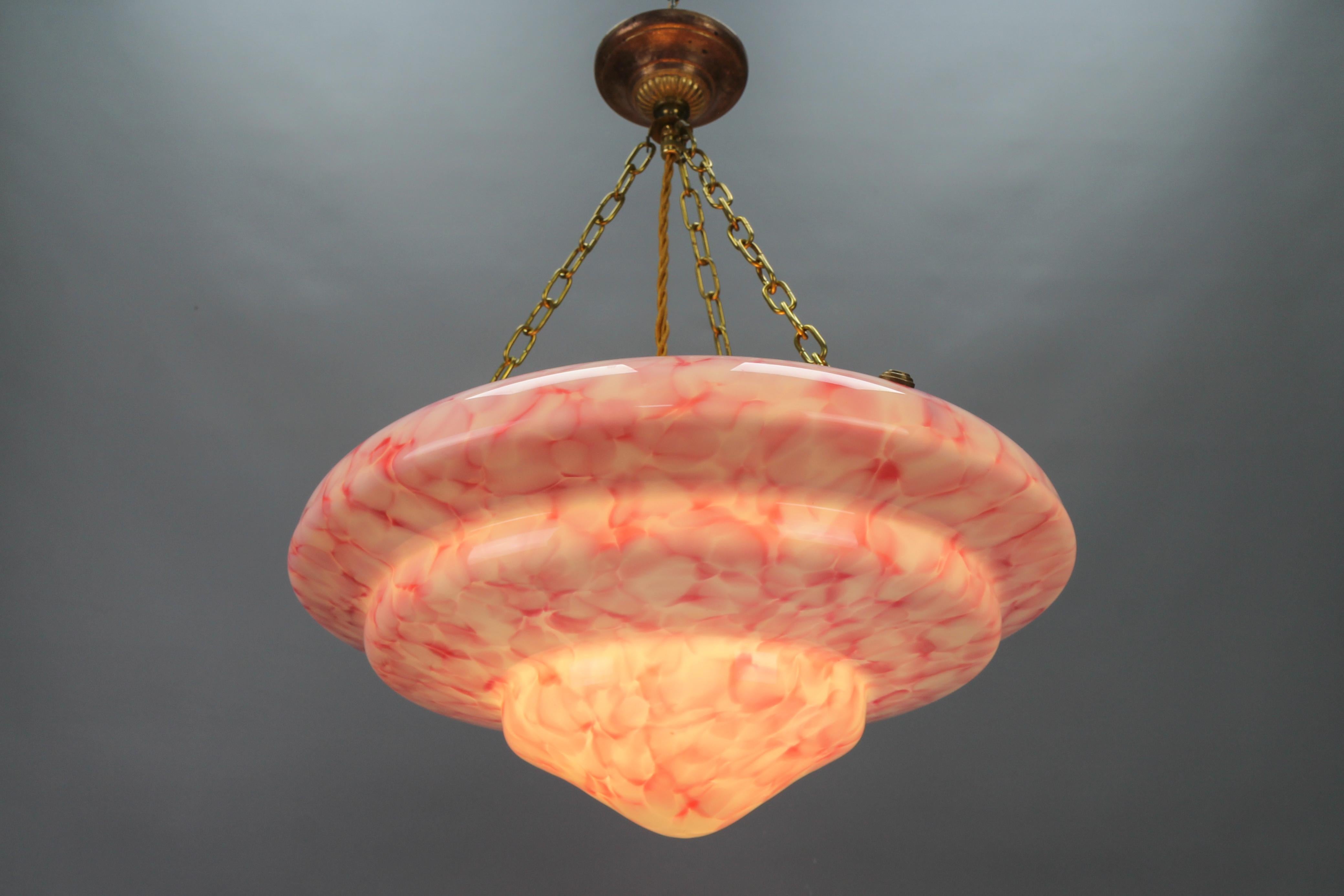 Mid-20th Century Art Deco Style Marbled Layered Pink and White Glass and Brass Pendant Light