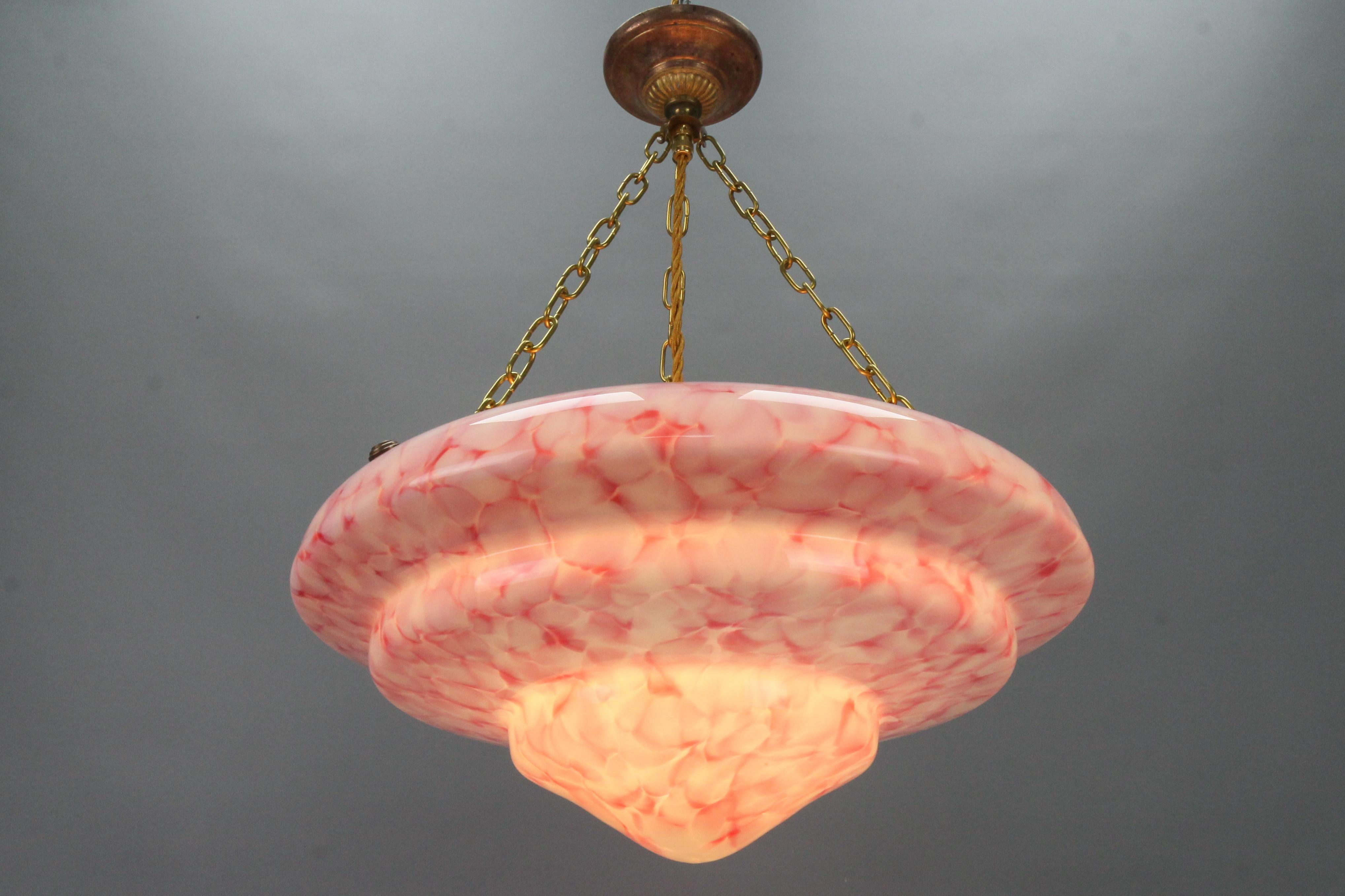 Metal Art Deco Style Marbled Layered Pink and White Glass and Brass Pendant Light