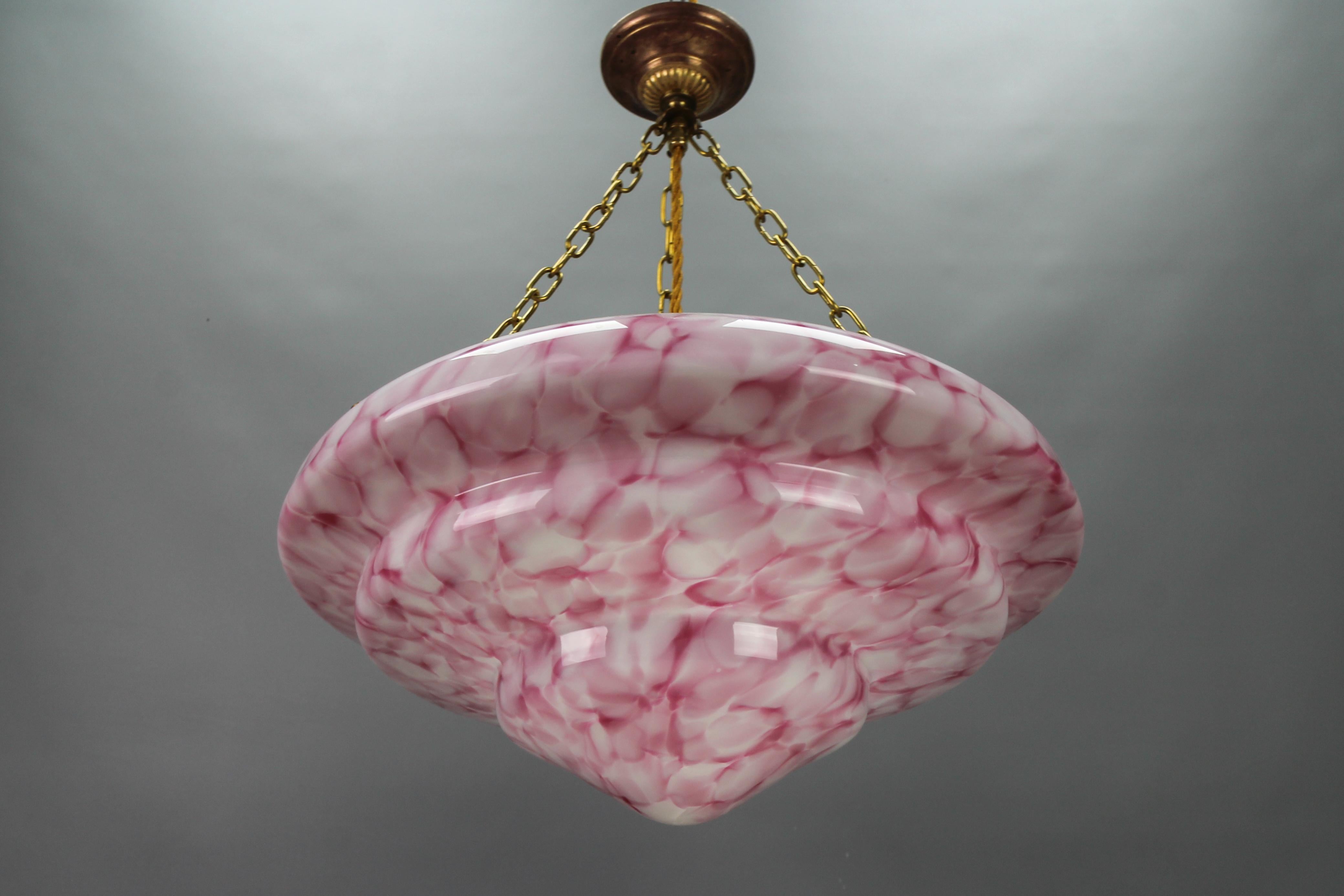 Art Deco Style Marbled Layered Pink and White Glass and Brass Pendant Light 1