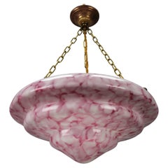 Art Deco Style Marbled Layered Pink and White Glass and Brass Pendant Light