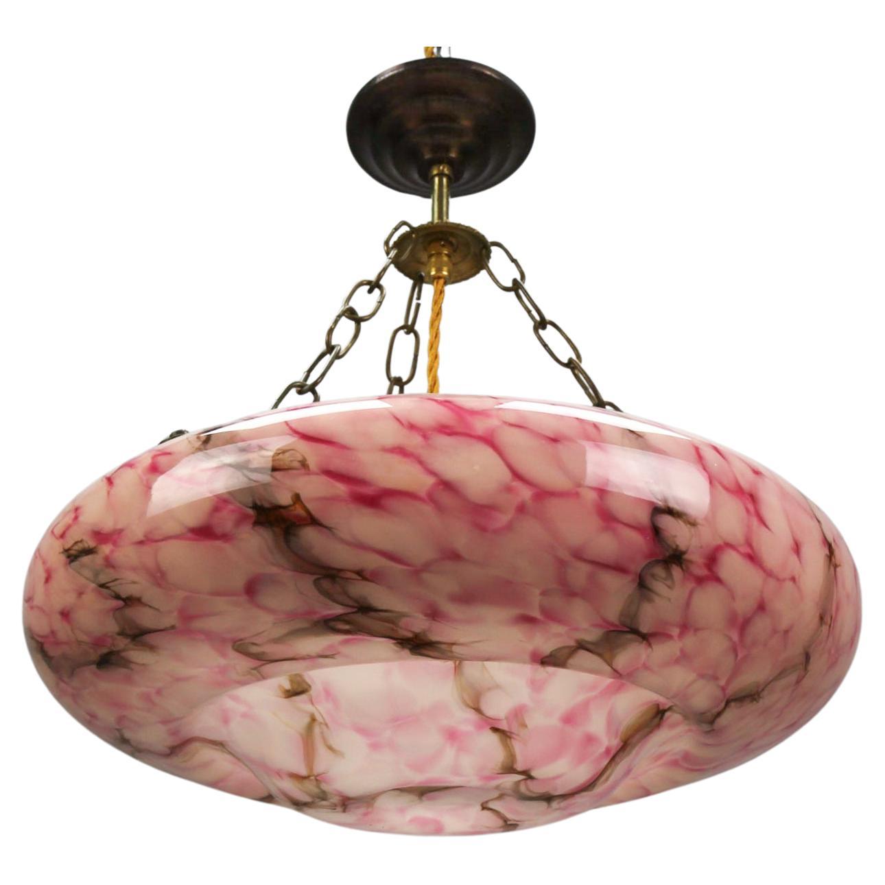 Art Deco Style Marbled Pink and Brown Glass and Brass Pendant Light
