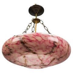 Vintage Art Deco Style Marbled Pink and Brown Glass and Brass Pendant Light