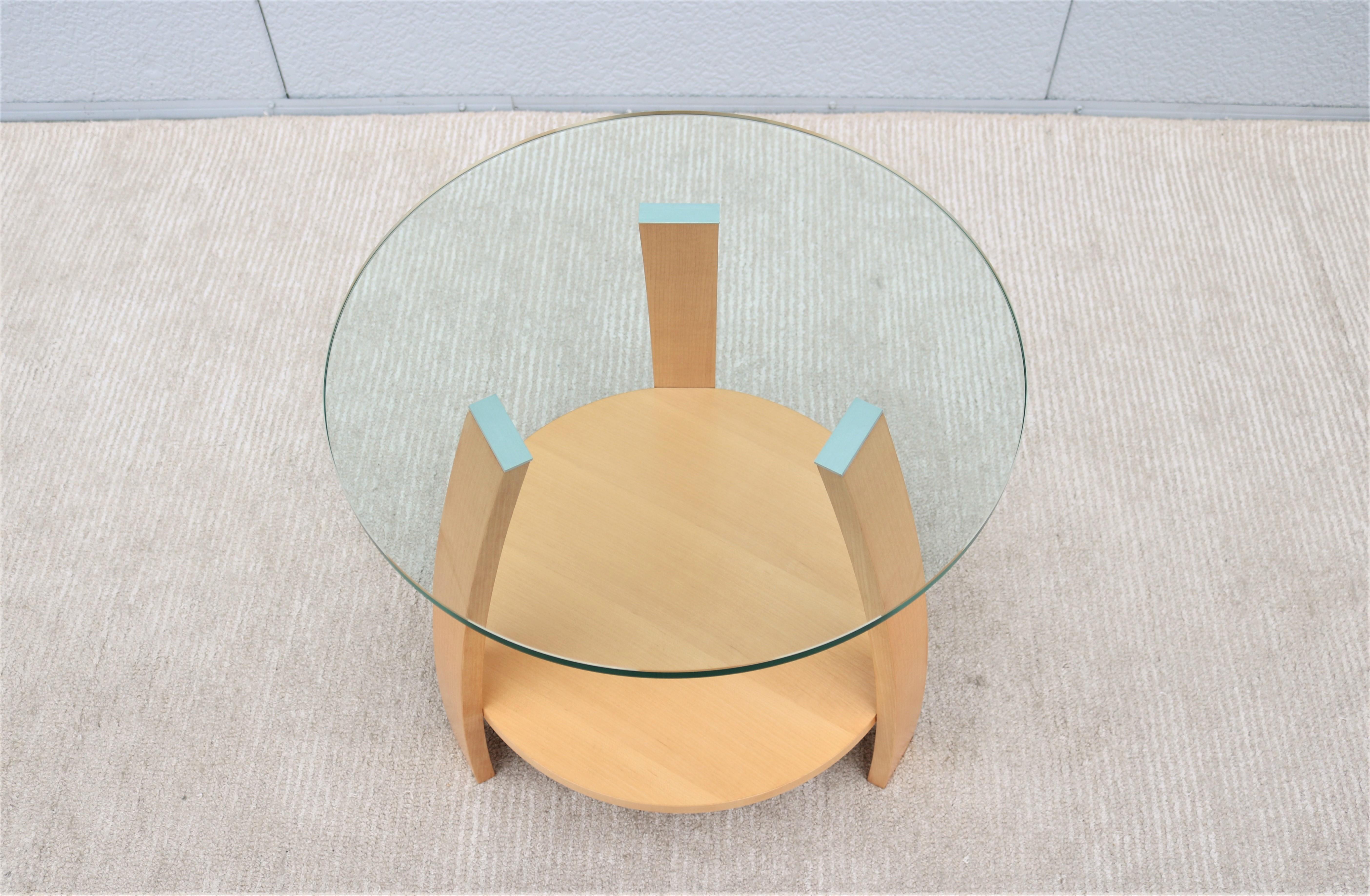 Veneer Art Deco Style Mark Muller for Nienkamper Max Round Maple Side Table, Glass Top