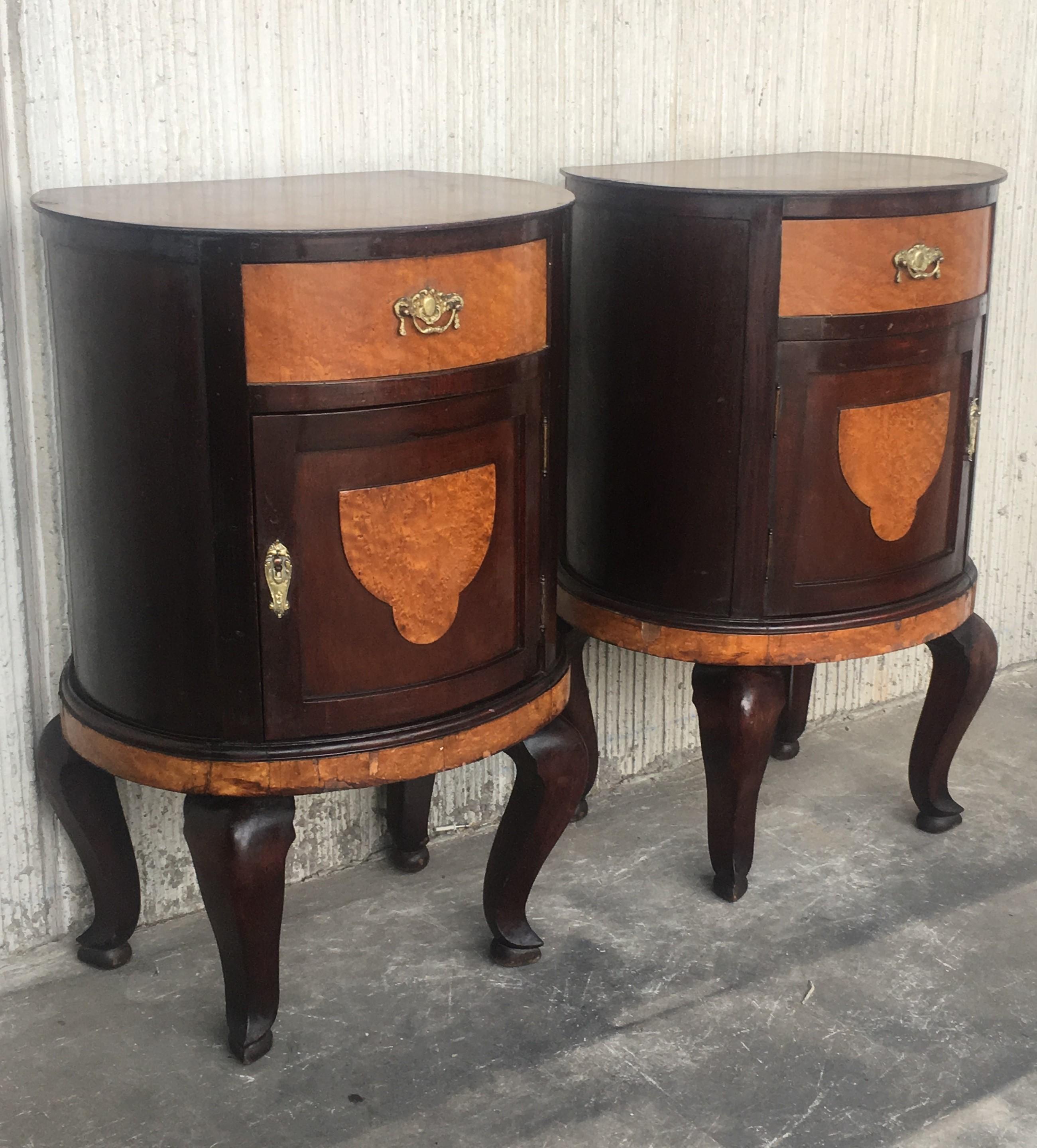 Art Deco Style Marquetry Nightstands with Metal and Mirror Crest, Pair 6