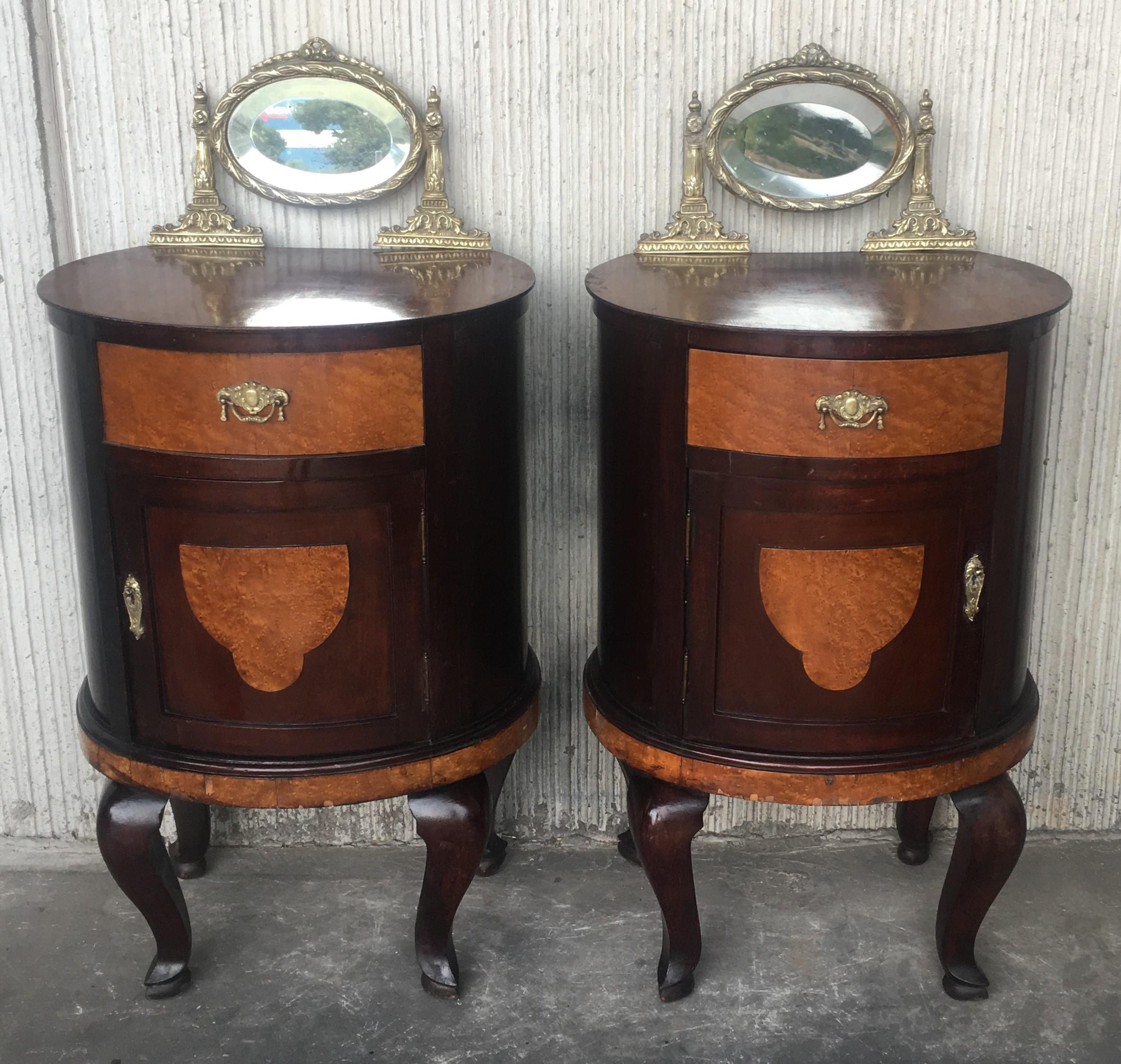 French Art Deco Style Marquetry Nightstands with Metal and Mirror Crest, Pair