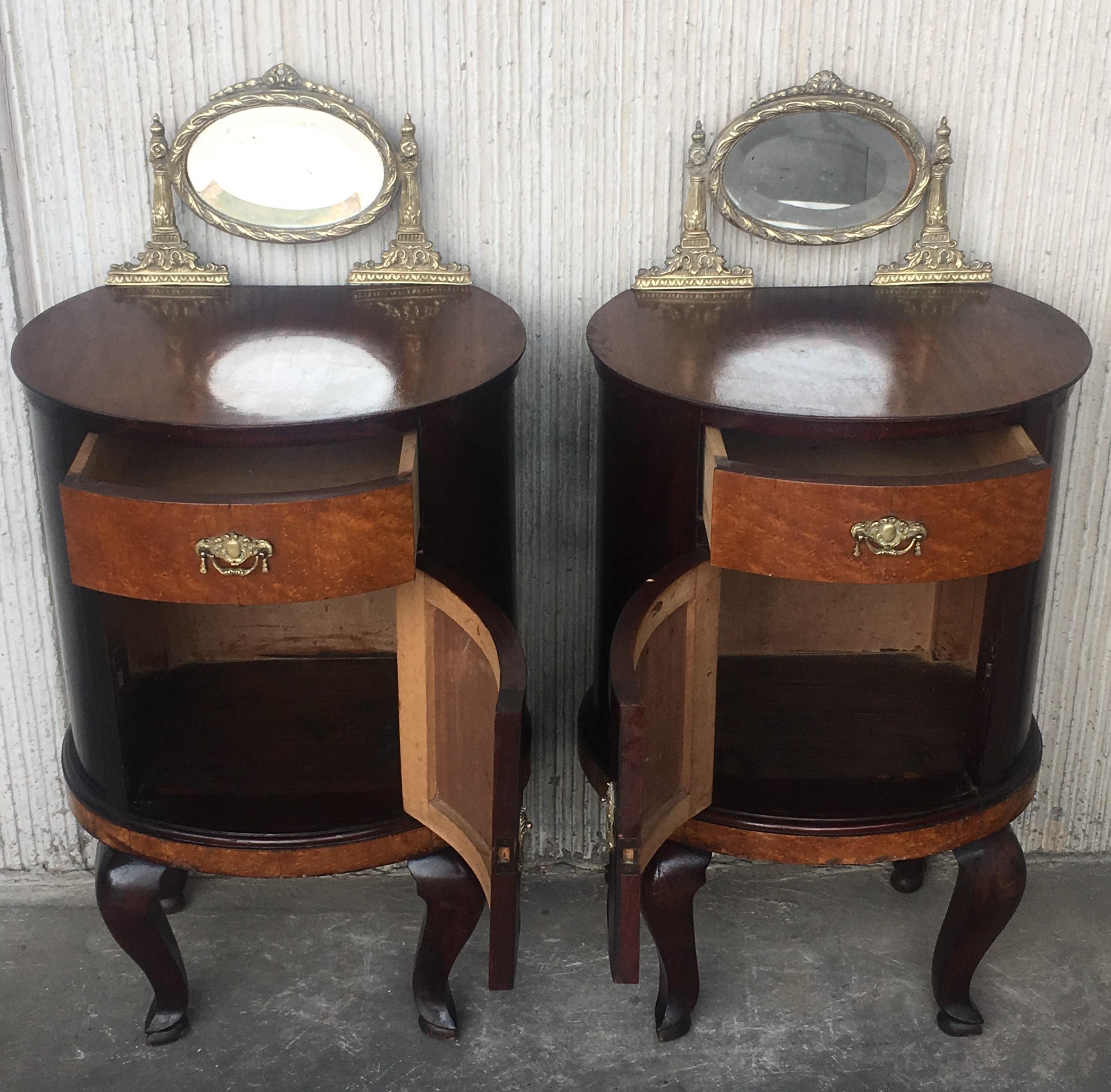 Inlay Art Deco Style Marquetry Nightstands with Metal and Mirror Crest, Pair