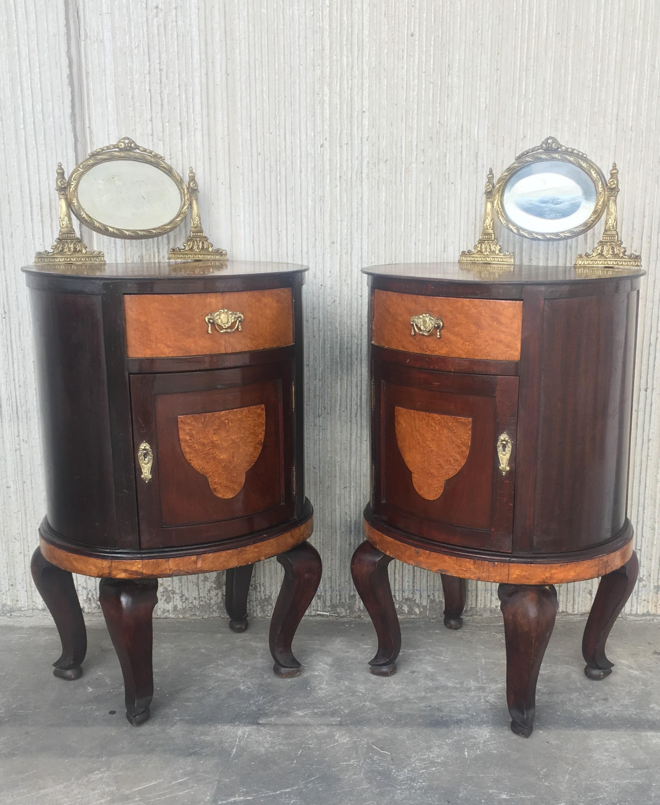 19th Century Art Deco Style Marquetry Nightstands with Metal and Mirror Crest, Pair