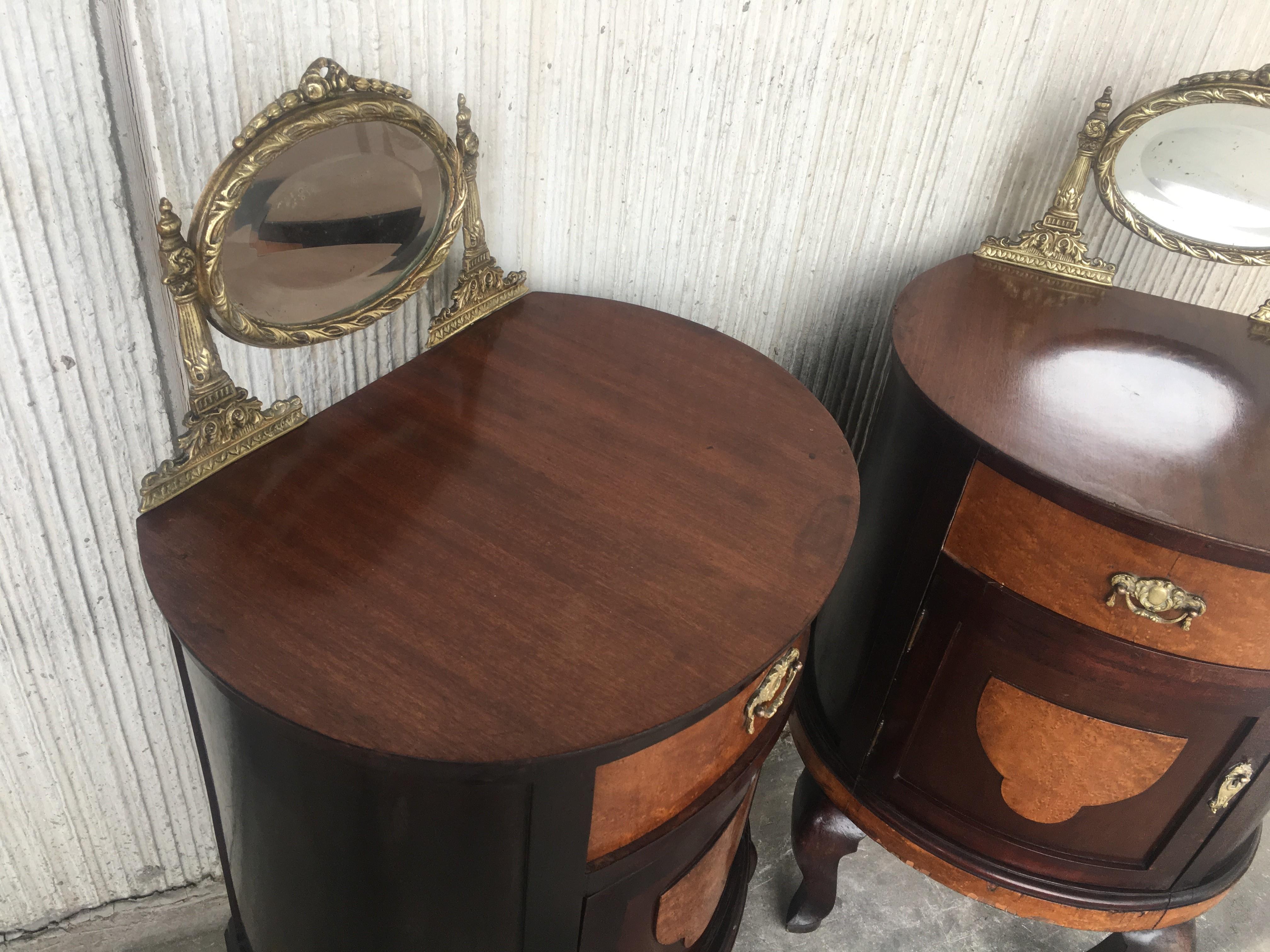 Art Deco Style Marquetry Nightstands with Metal and Mirror Crest, Pair 1