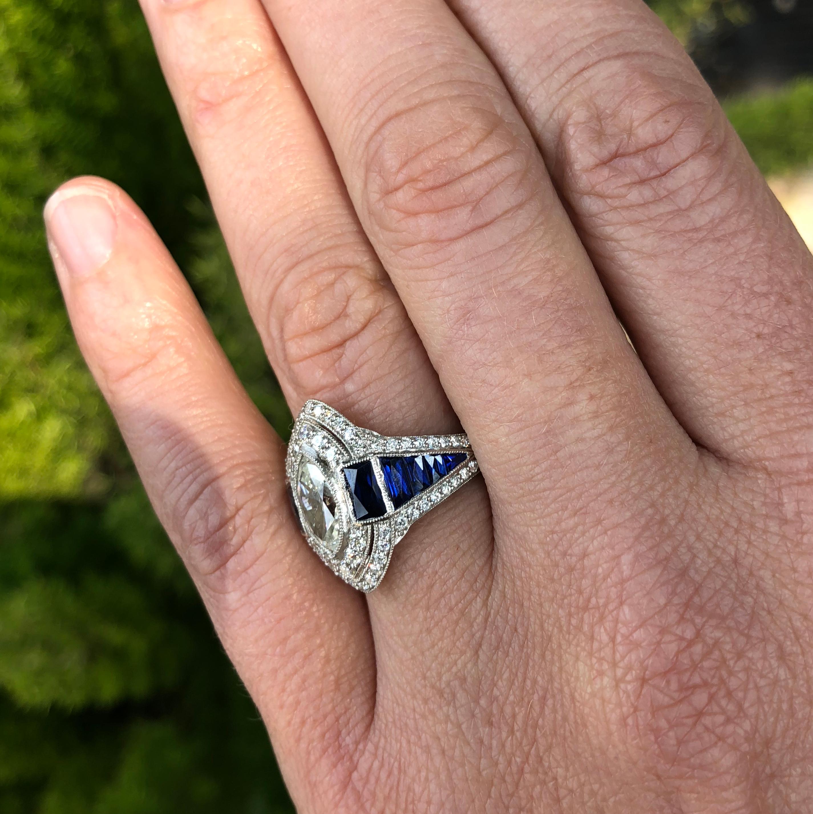 Art Deco Style Marquise Diamond and Sapphire Baguette Ring In Platinum  6