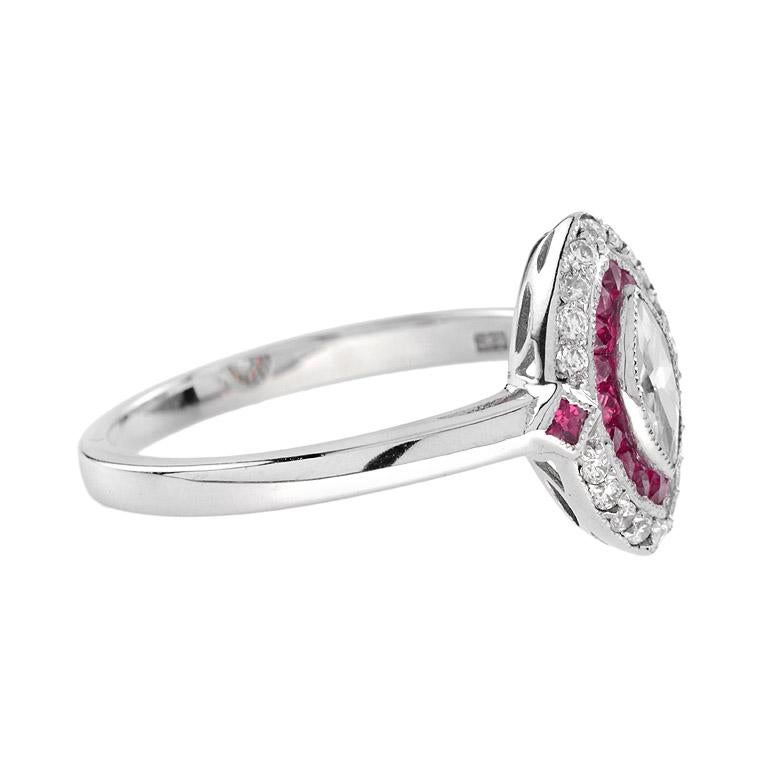 For Sale:  Art Deco Style Marquise Diamond with Ruby and Diamond Halo Ring in 18K White Gol 4