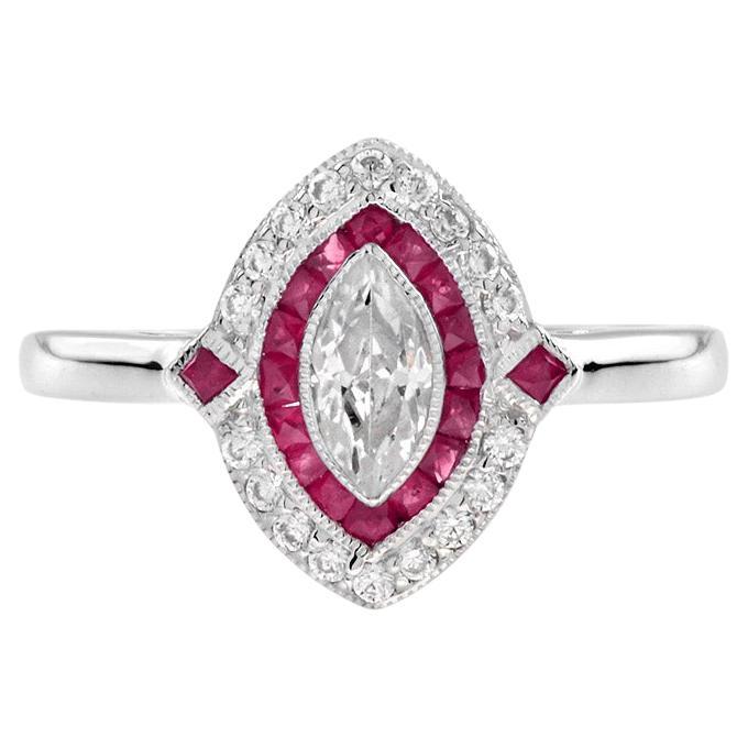 For Sale:  Art Deco Style Marquise Diamond with Ruby and Diamond Halo Ring in 18K White Gol