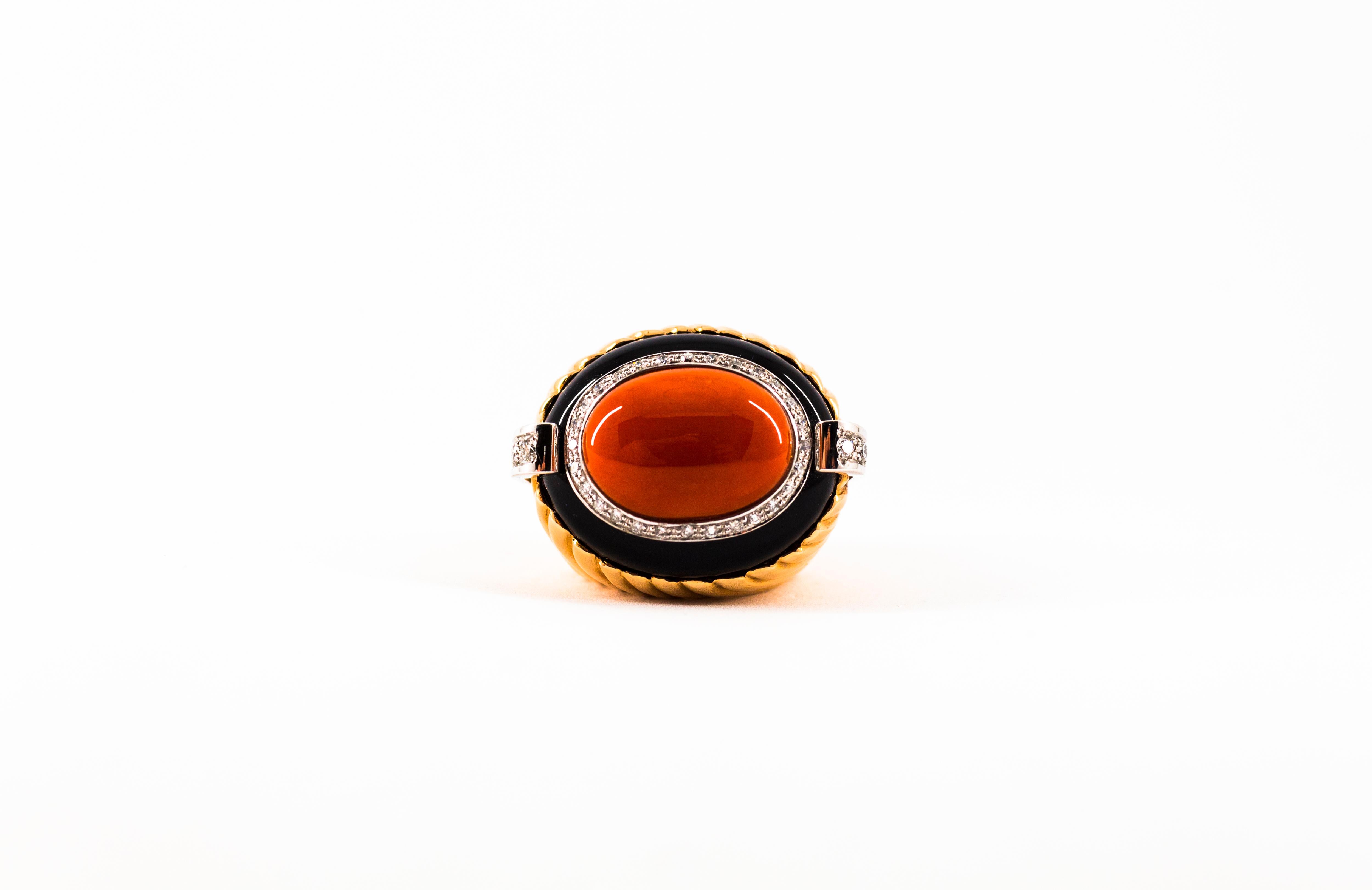 Art Deco Style Mediterranean Coral Onyx White Diamond Yellow Gold Cocktail Ring For Sale 5