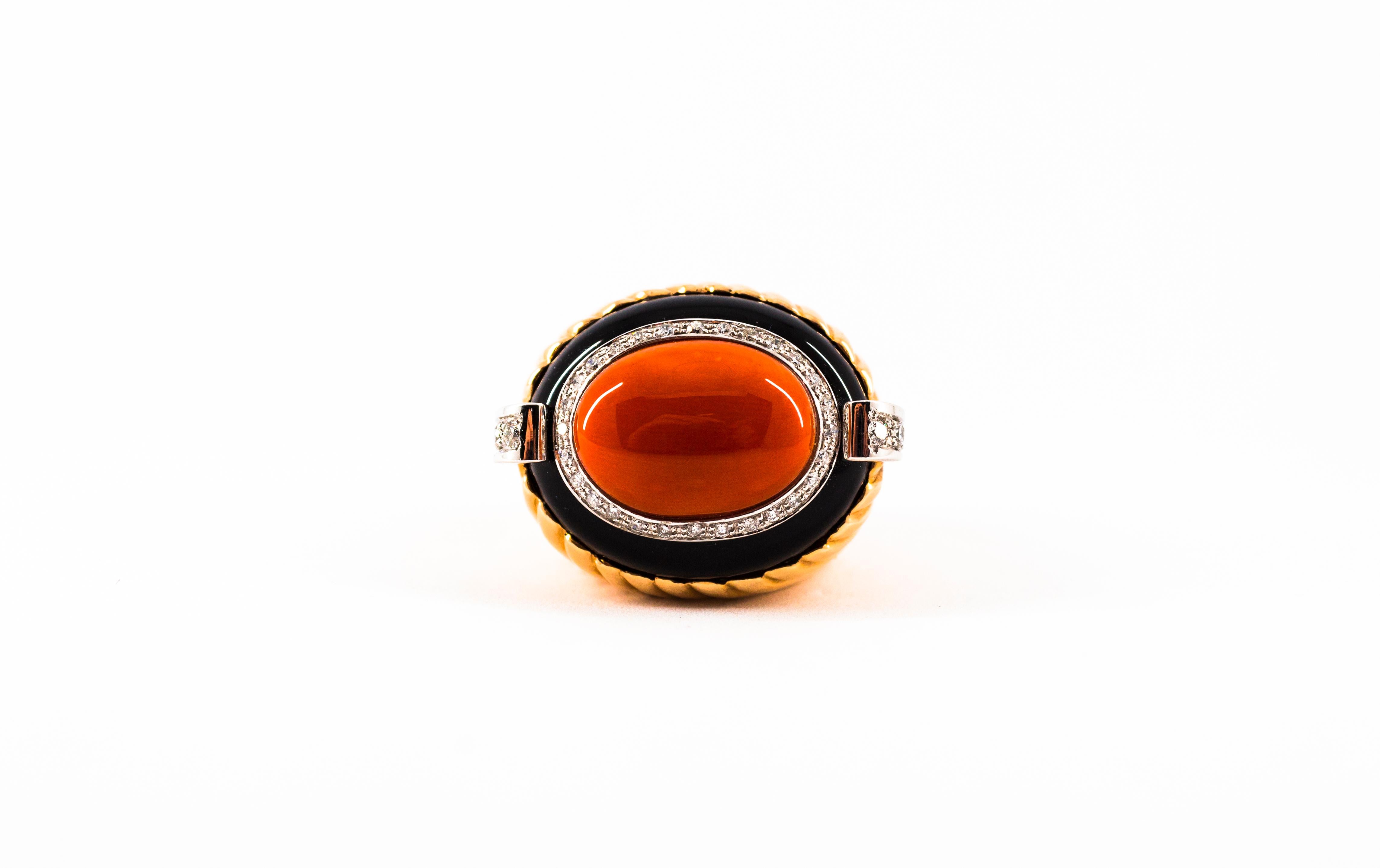 Art Deco Style Mediterranean Coral Onyx White Diamond Yellow Gold Cocktail Ring For Sale 6