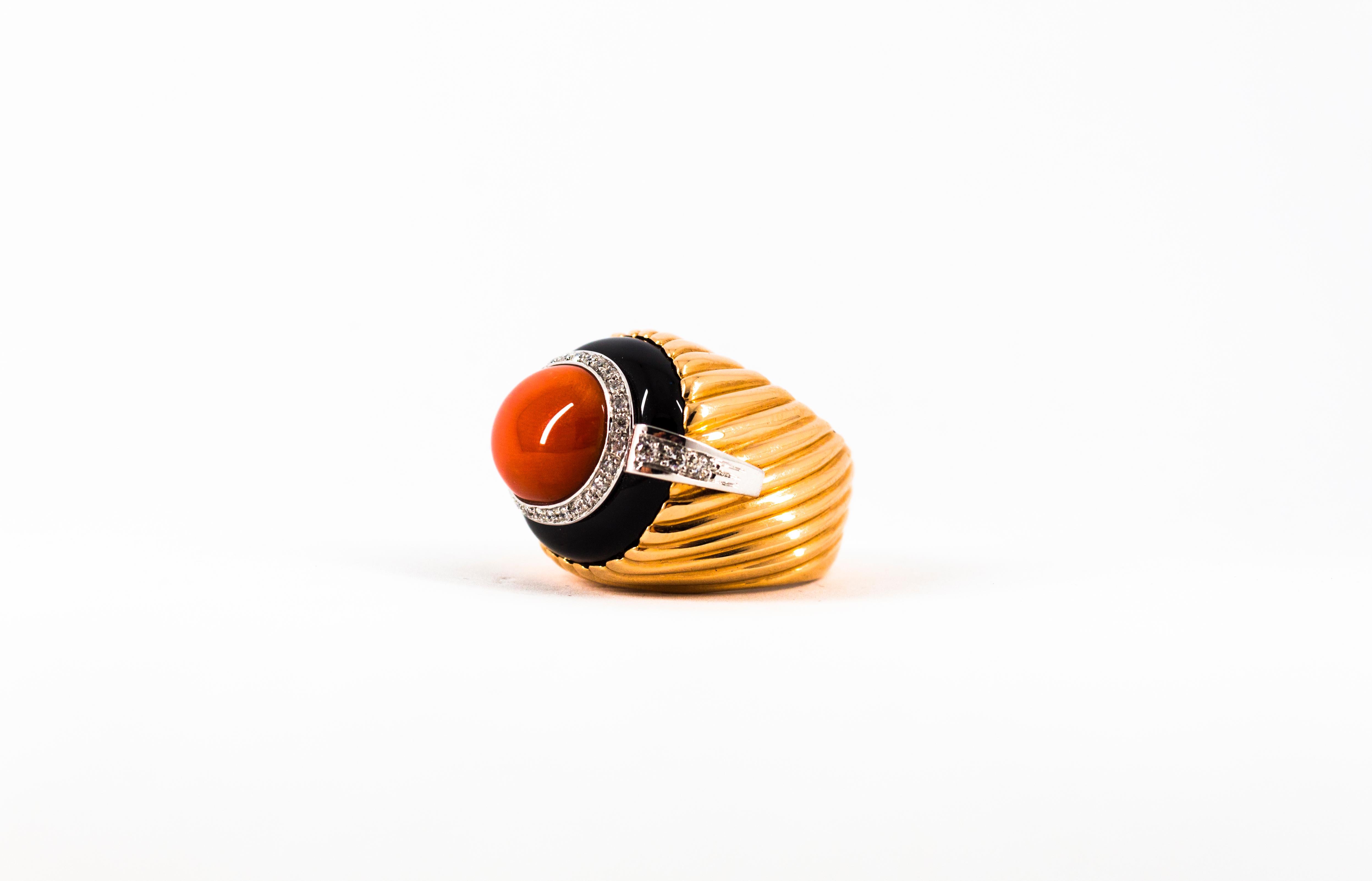 Art Deco Style Mediterranean Coral Onyx White Diamond Yellow Gold Cocktail Ring For Sale 7
