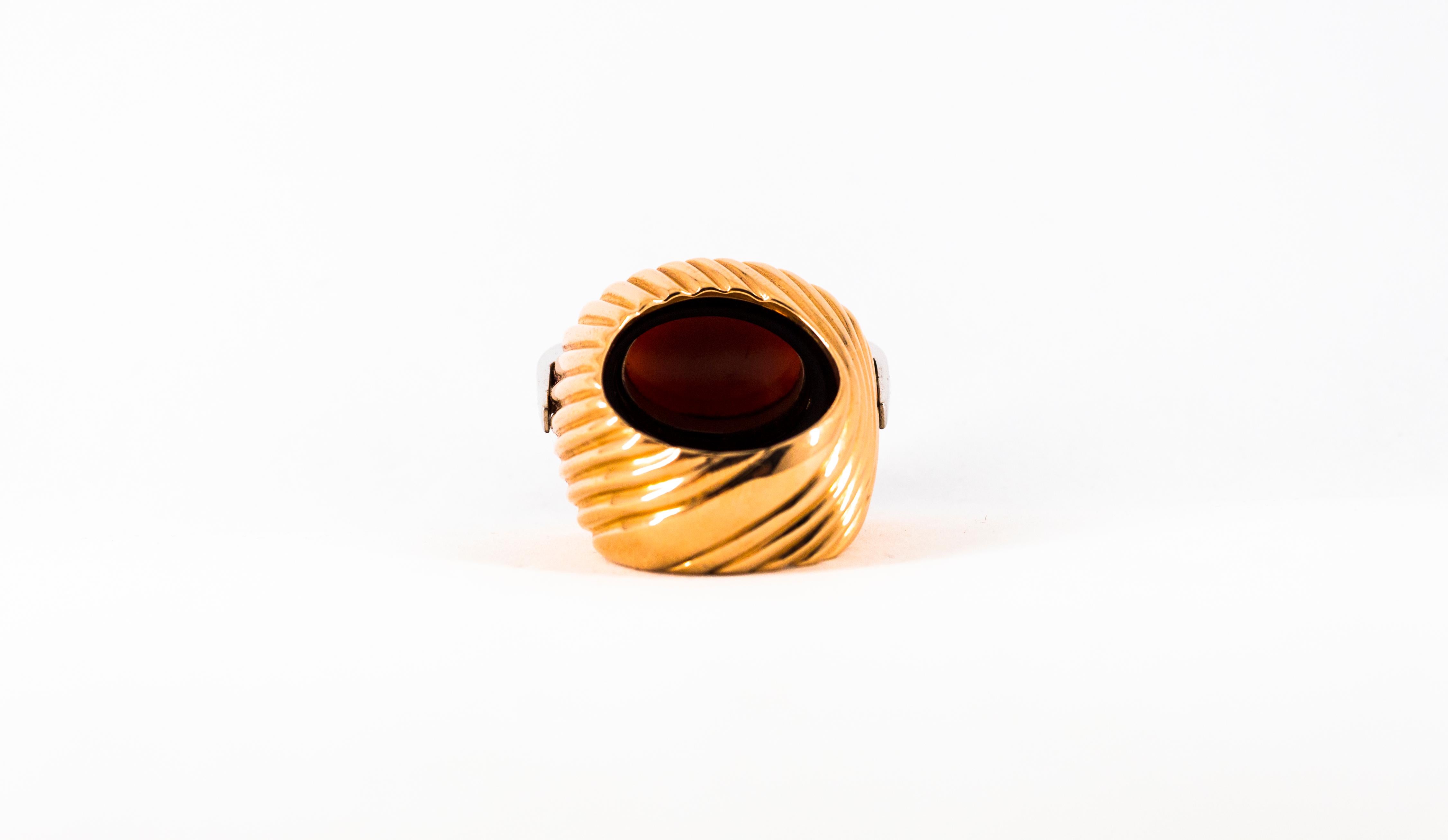 Art Deco Style Mediterranean Coral Onyx White Diamond Yellow Gold Cocktail Ring For Sale 9
