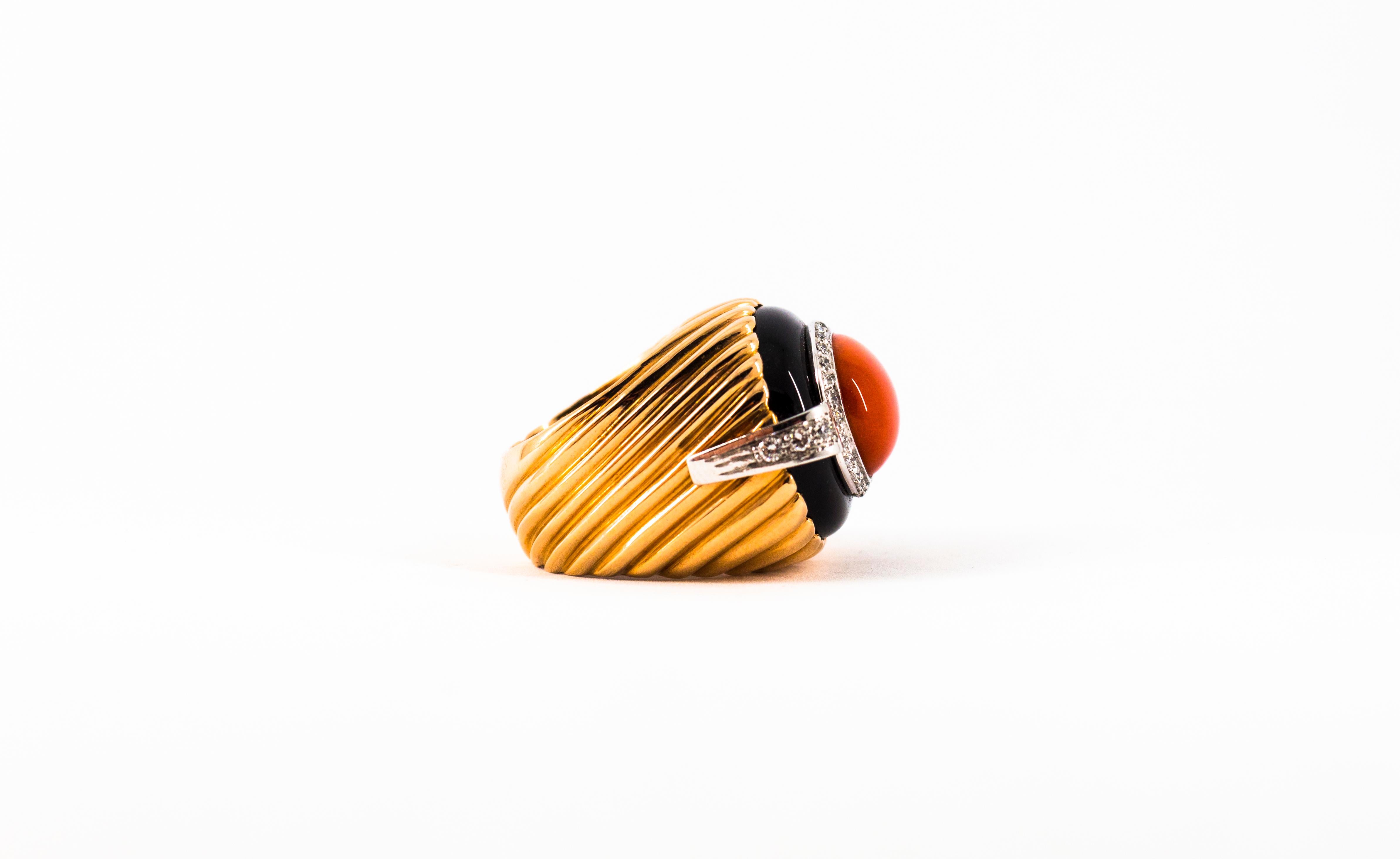 Art Deco Style Mediterranean Coral Onyx White Diamond Yellow Gold Cocktail Ring For Sale 10