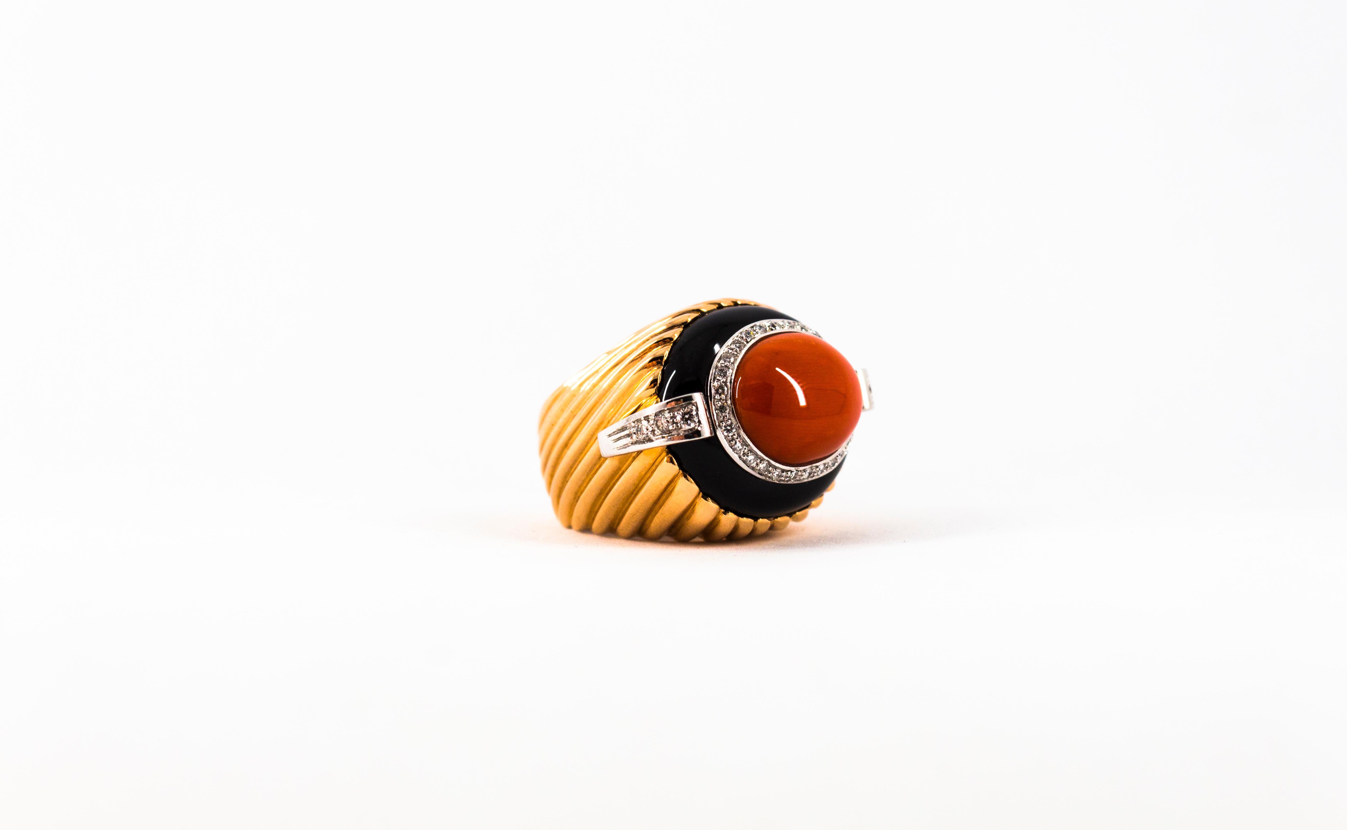 Art Deco Style Mediterranean Coral Onyx White Diamond Yellow Gold Cocktail Ring For Sale 11