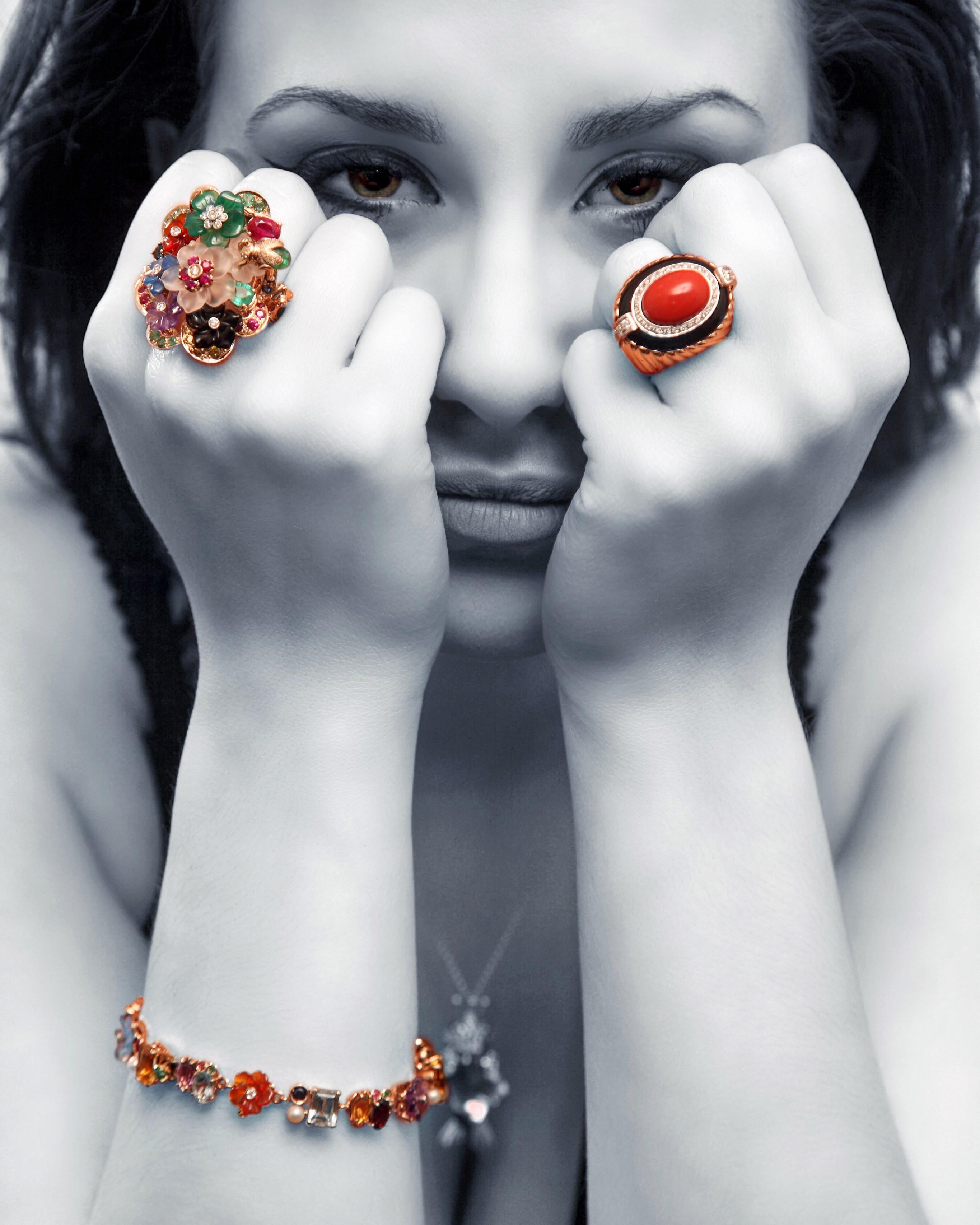 Anillo de Cóctel de Oro Amarillo con Diamante Blanco y Ónice de Coral Mediterráneo Estilo Art Déco en venta 11