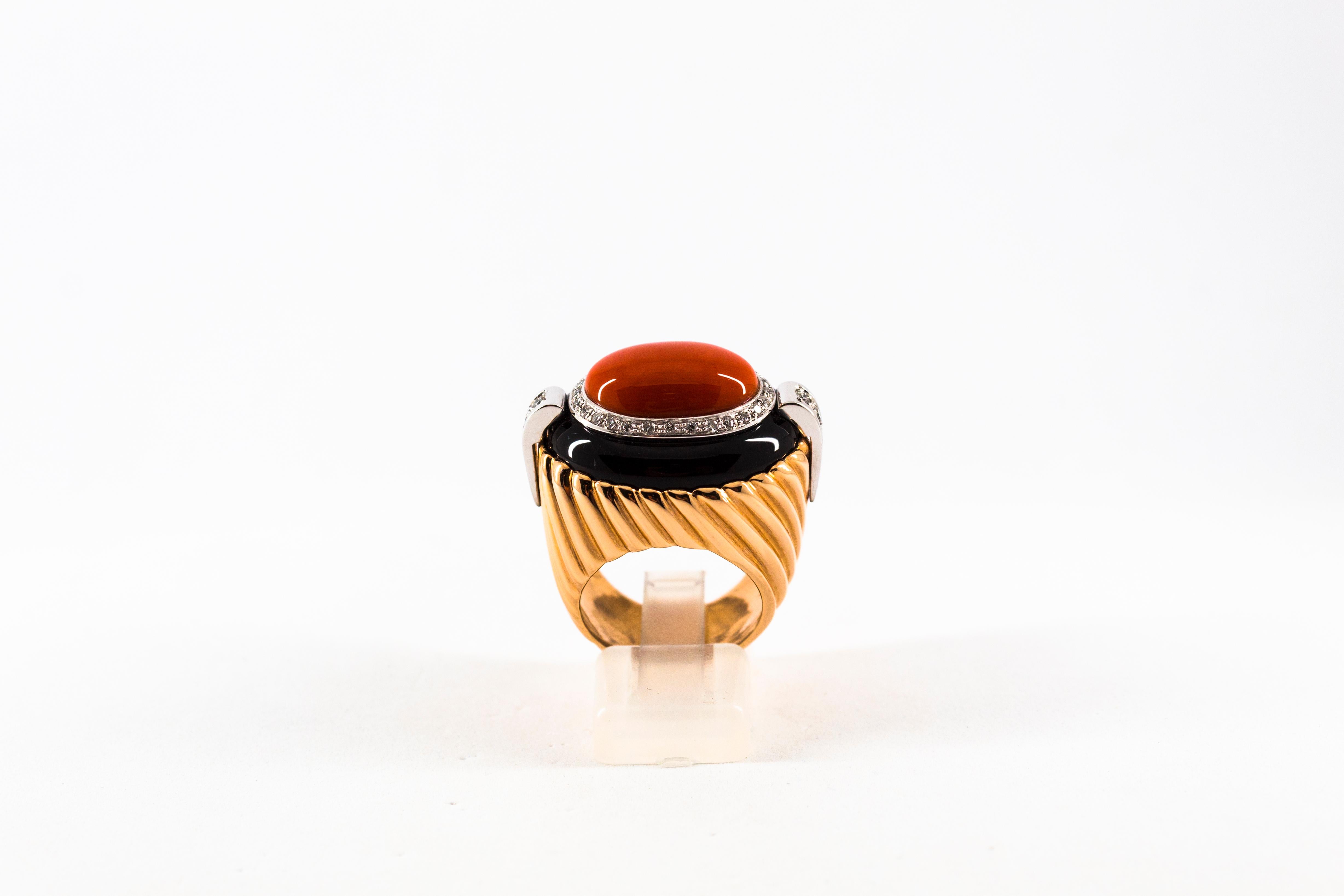 Brilliant Cut Art Deco Style Mediterranean Coral Onyx White Diamond Yellow Gold Cocktail Ring For Sale