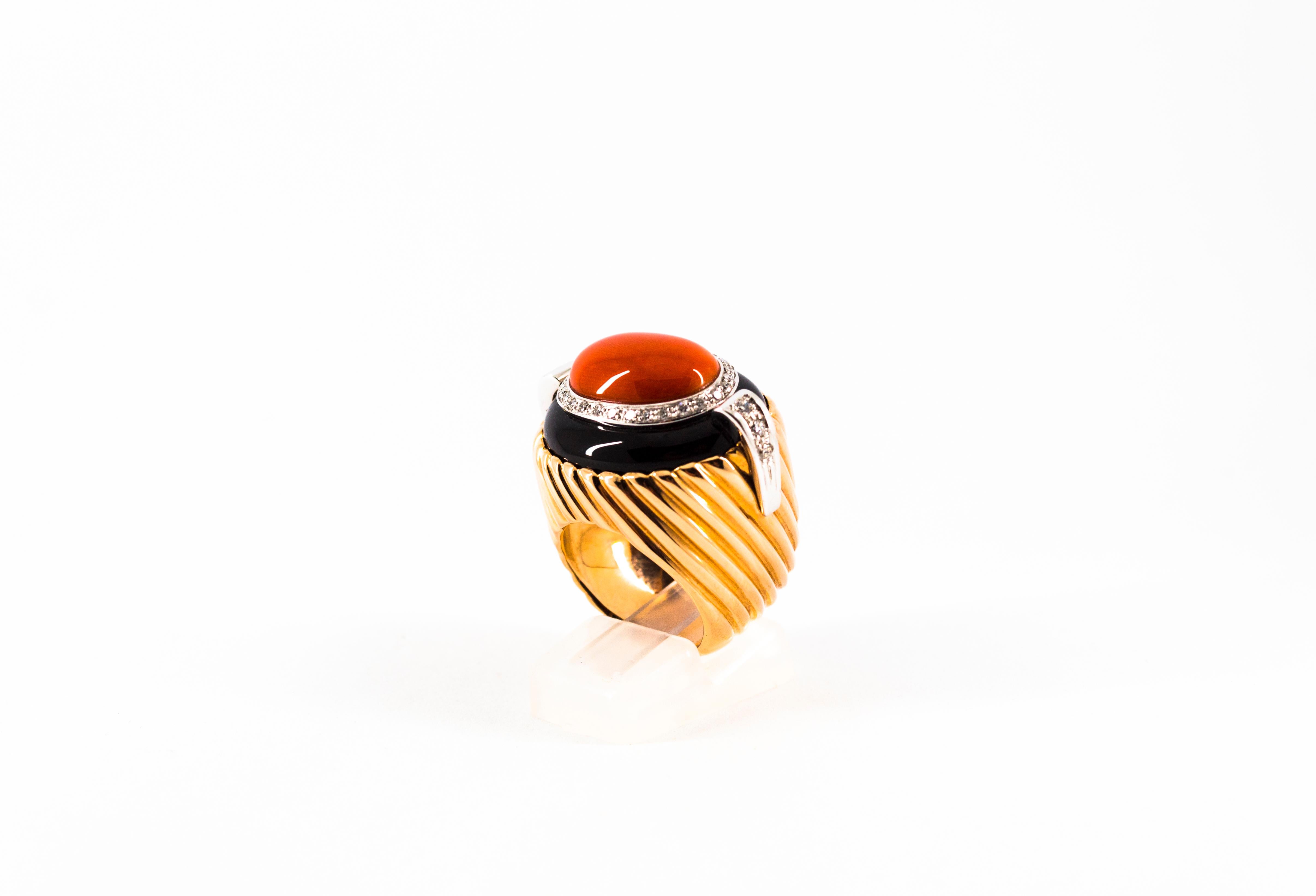 Women's or Men's Art Deco Style Mediterranean Coral Onyx White Diamond Yellow Gold Cocktail Ring For Sale