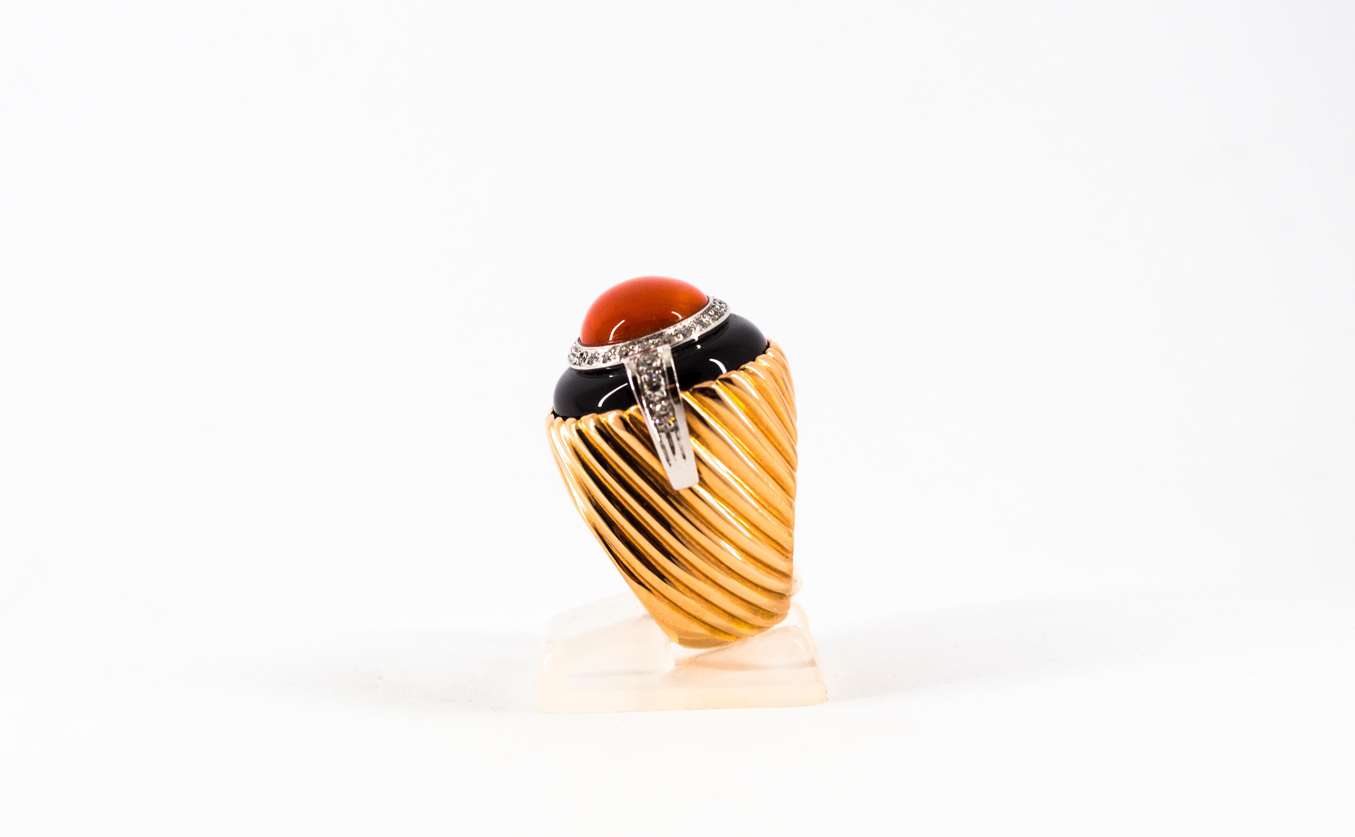 Art Deco Style Mediterranean Coral Onyx White Diamond Yellow Gold Cocktail Ring For Sale 1
