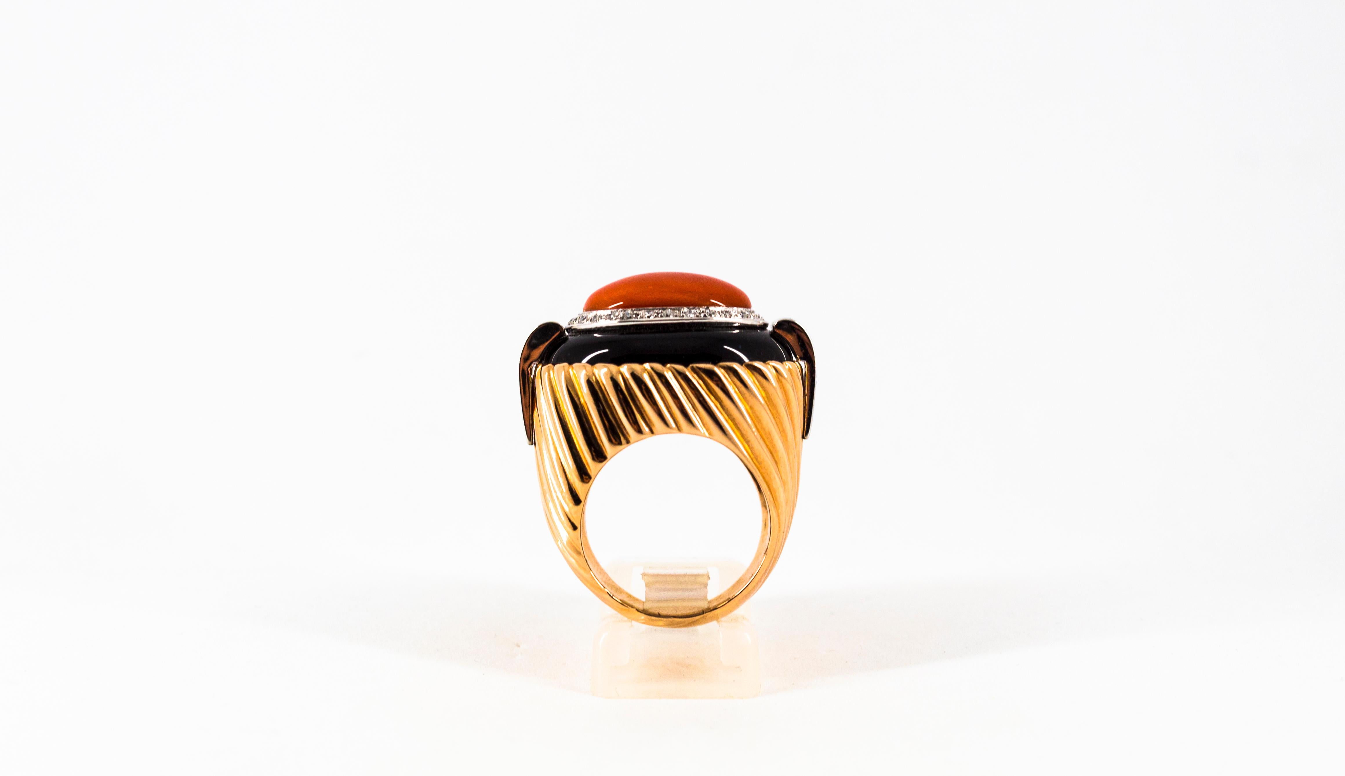 Art Deco Style Mediterranean Coral Onyx White Diamond Yellow Gold Cocktail Ring For Sale 2