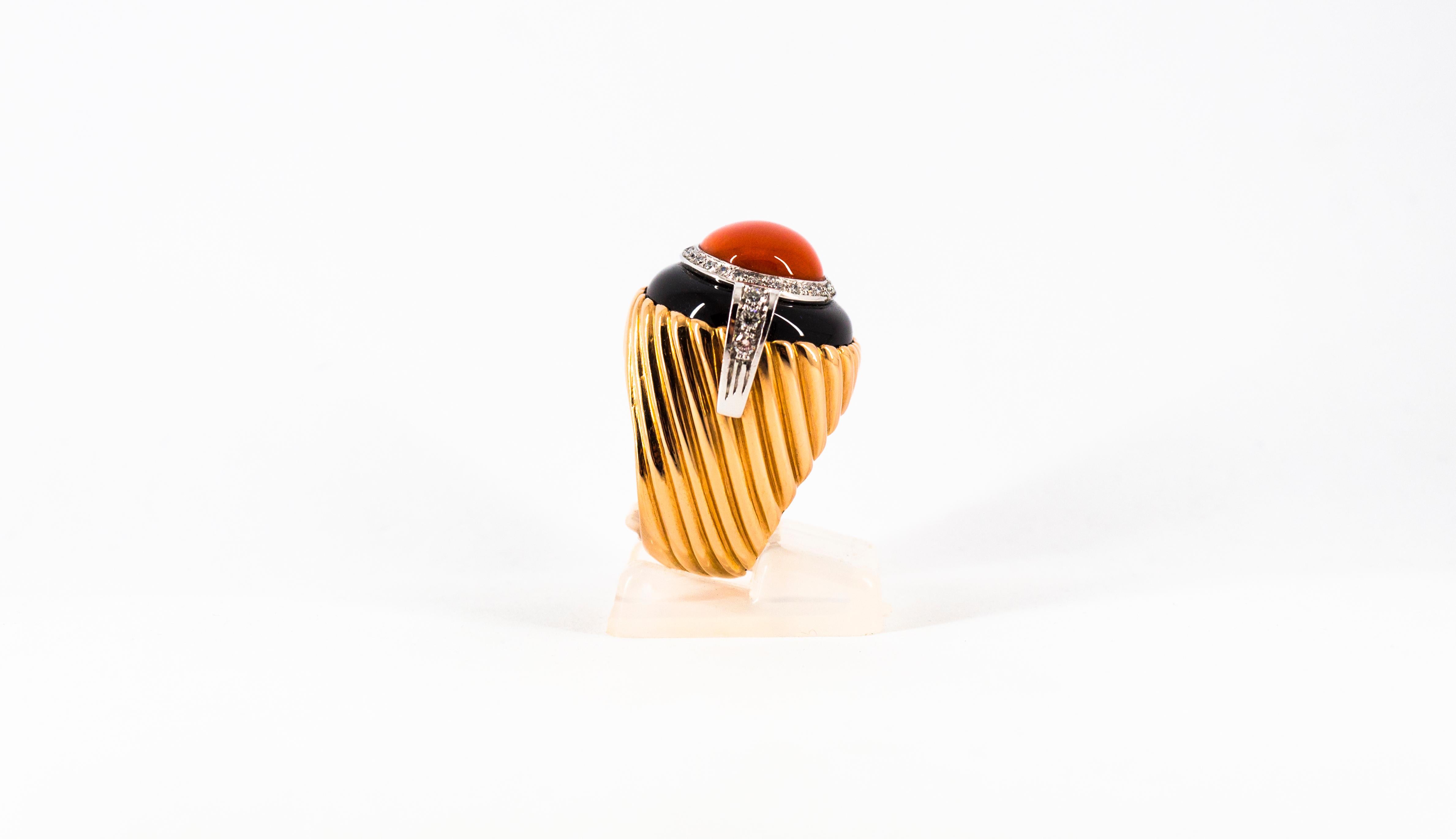 Art Deco Style Mediterranean Coral Onyx White Diamond Yellow Gold Cocktail Ring For Sale 3