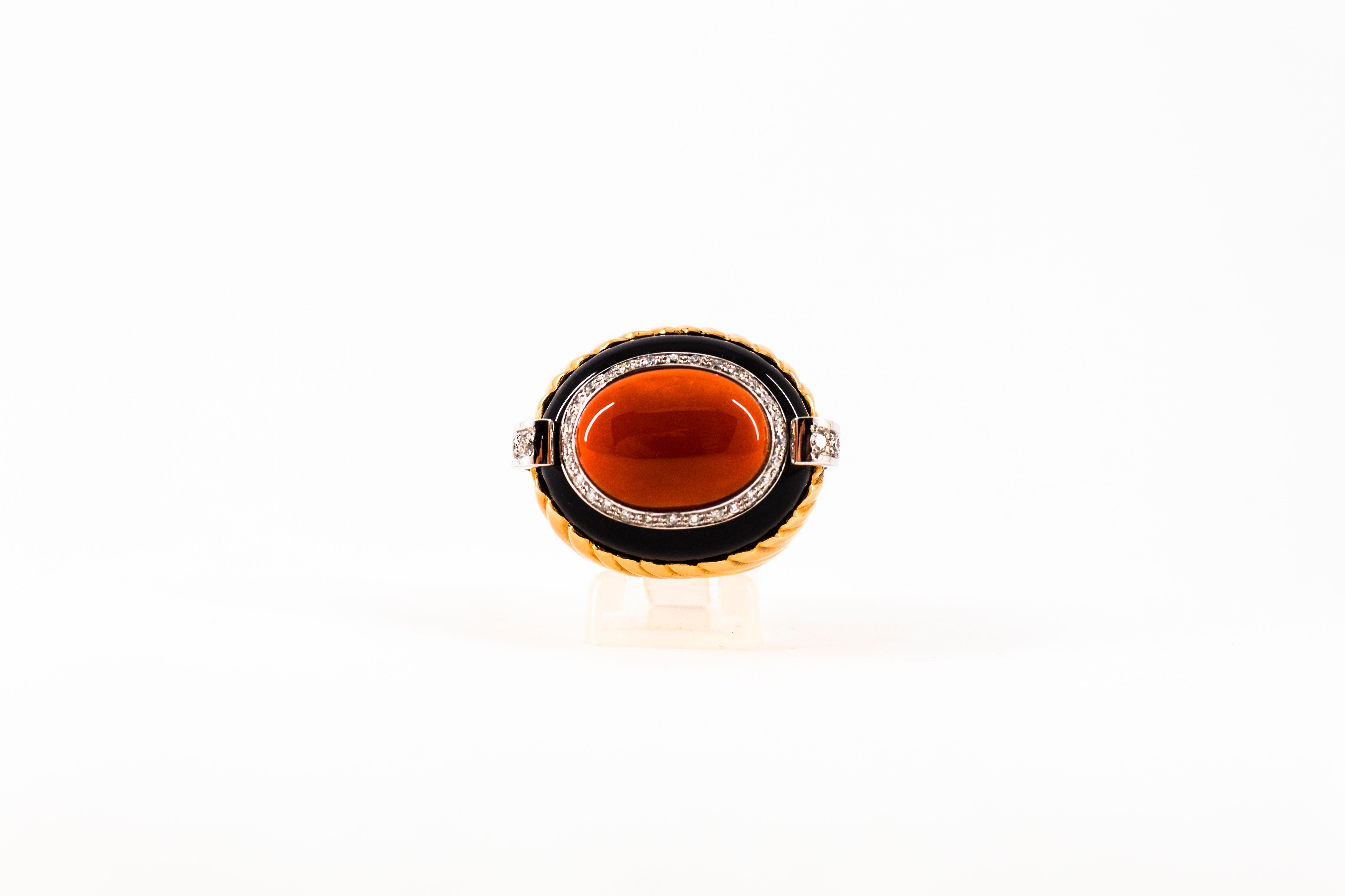 Art Deco Style Mediterranean Coral Onyx White Diamond Yellow Gold Cocktail Ring For Sale 4