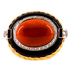 Art Deco Style Mediterranean Coral Onyx White Diamond Yellow Gold Cocktail Ring