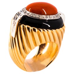 Art Deco Style Mediterranean Coral Onyx White Diamond Yellow Gold Cocktail Ring