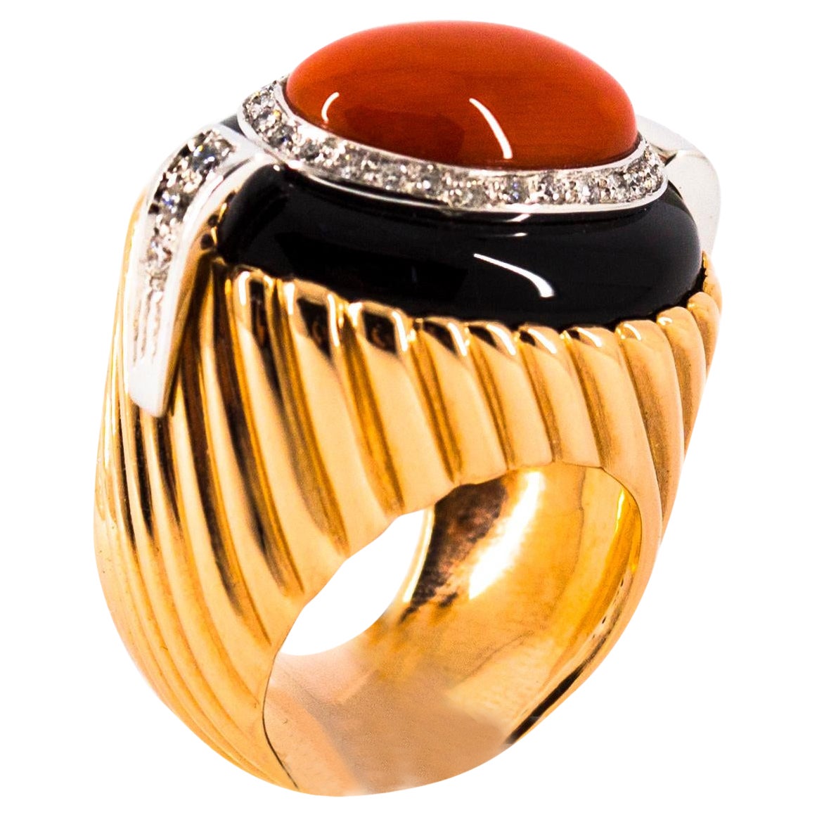 Art Deco Style Mediterranean Coral Onyx White Diamond Yellow Gold Cocktail Ring For Sale