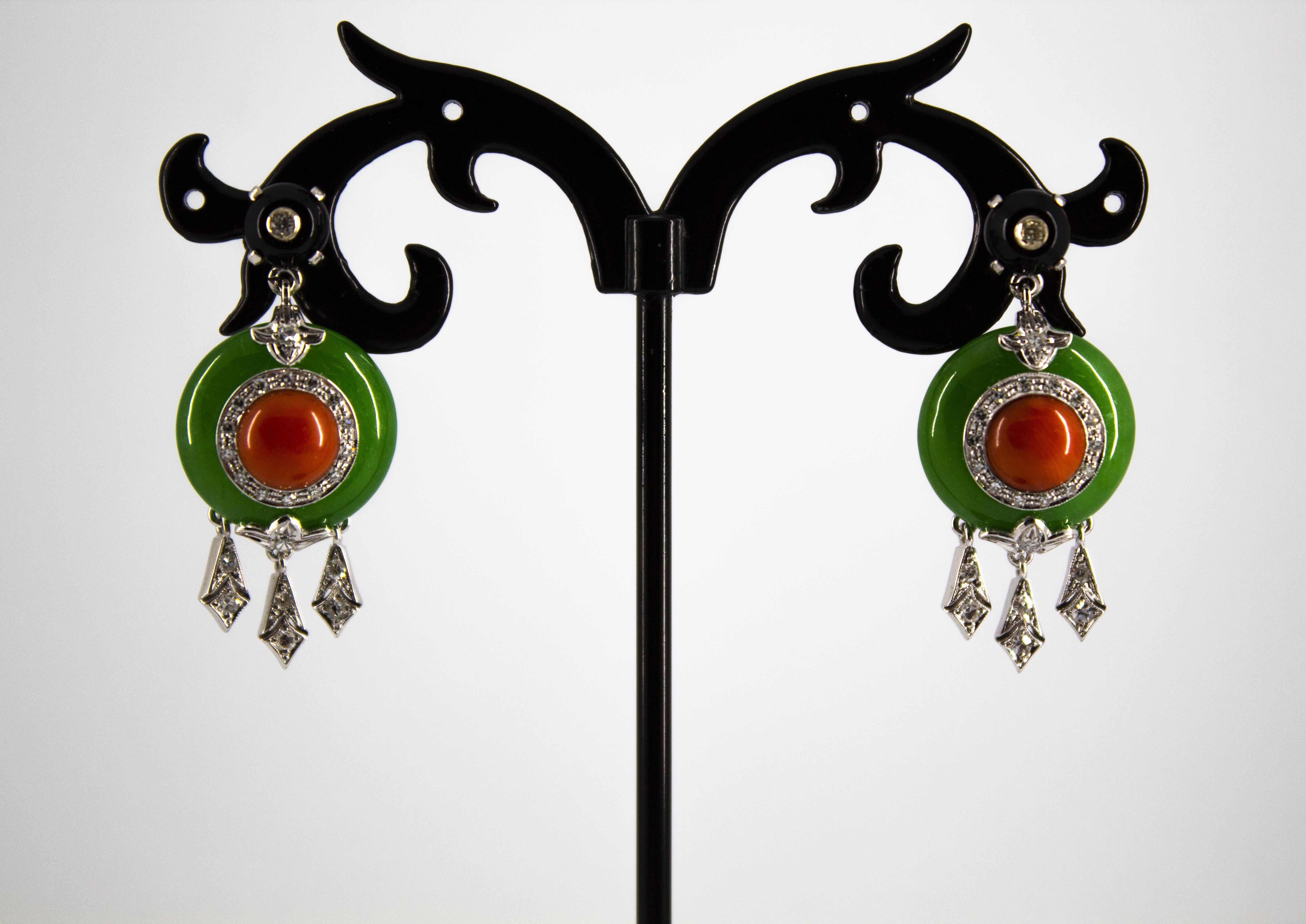 Art Deco Style Mediterranean Coral White Diamond Jade Onyx White Gold Earrings In New Condition For Sale In Naples, IT